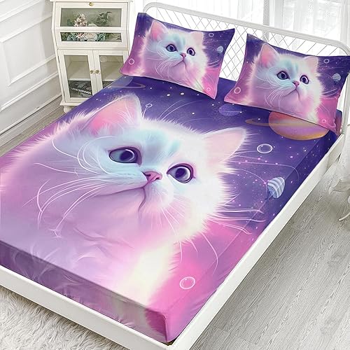 Miniatura 2 de AILONEN Juego de sábanas bajeras de tamaño Queen, juego de sábanas de planeta de gato de ensueño para niños y niñas, juego de sábanas de 3 piezas