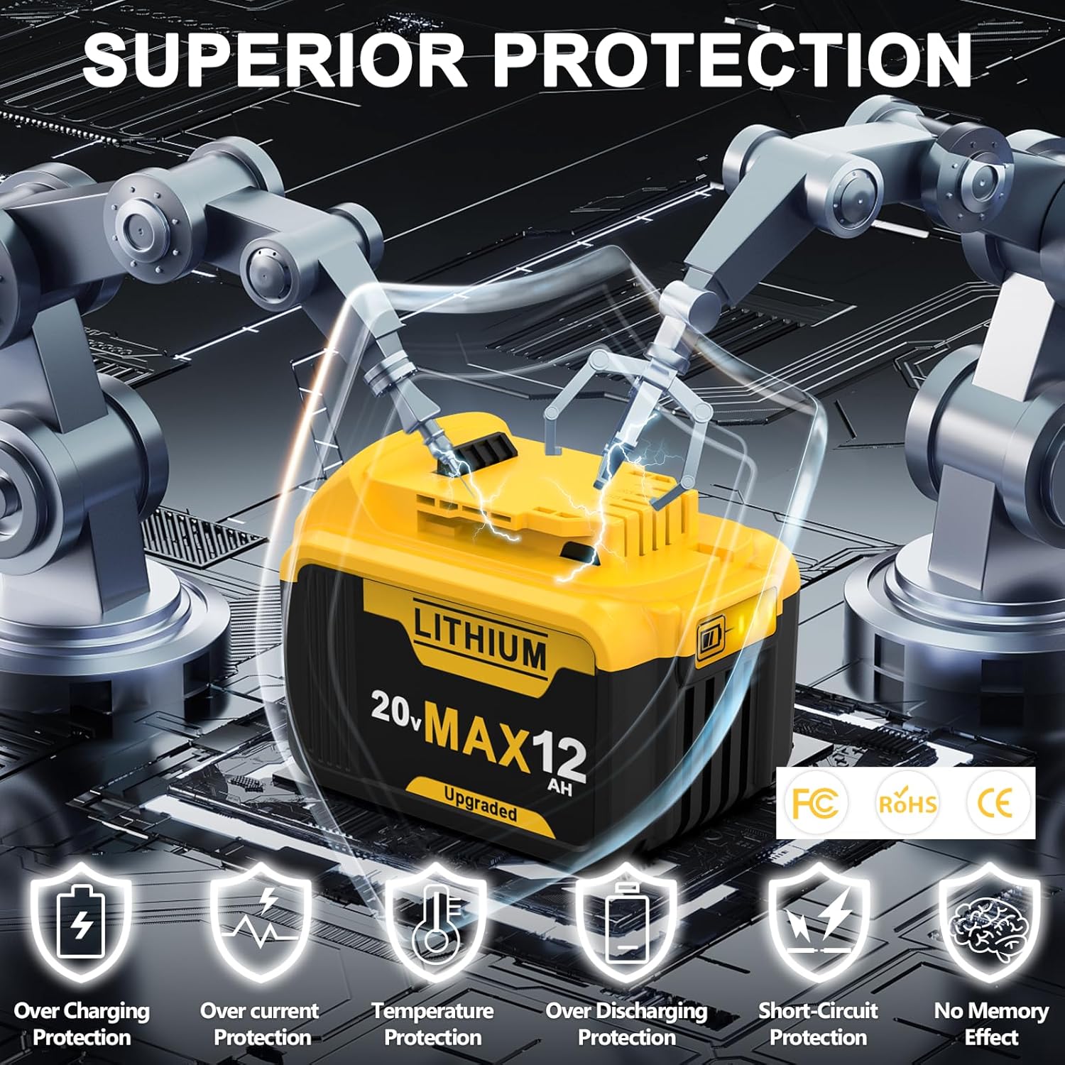 Upgrade 2 Packs 12Ah 20V Replacement for Dewalt 20V Max Battery Lithium Ion Compatible with 20 Volt Cordless Power Tools, LED Indicator - Image 5