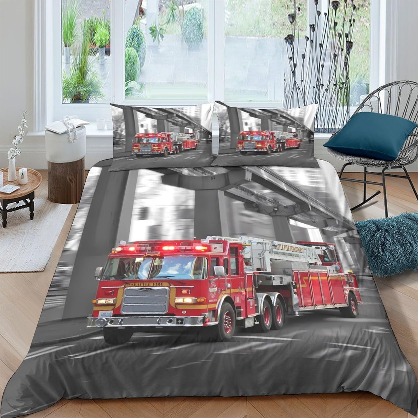 Ctjqhvkz Style-8 3D Printed Fire Truck Fitted Sheet Microfiber Soft Urban City Mattress Cover For Bedroom Dorm Decor Single（135X200cm）