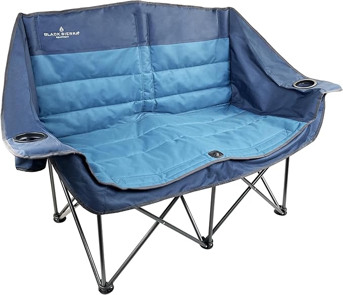 Black Sierra Doublewide Padded Folding Sofa, Oversized Double Camping Chair, Portable Outdoor Loveseat Supports 500lbs, Perfect for Beach, Tailgating, RV, Sports