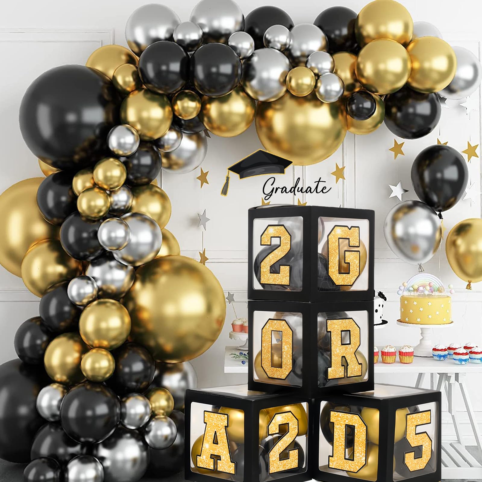 2025 Graduation Decorations Balloon Boxes – Black Gold Graduation Party ...