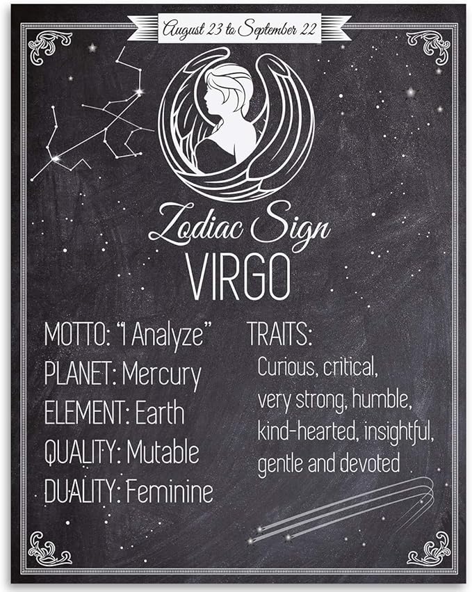 Astrology Posters - Zodiac Sign Virgo, The Maiden - 11x14 Unframed Art Print - Great Vintage Zodiac Poster, Astrology and Aptitude Vintage Home Wall Decor for Astrology Enthusiasts