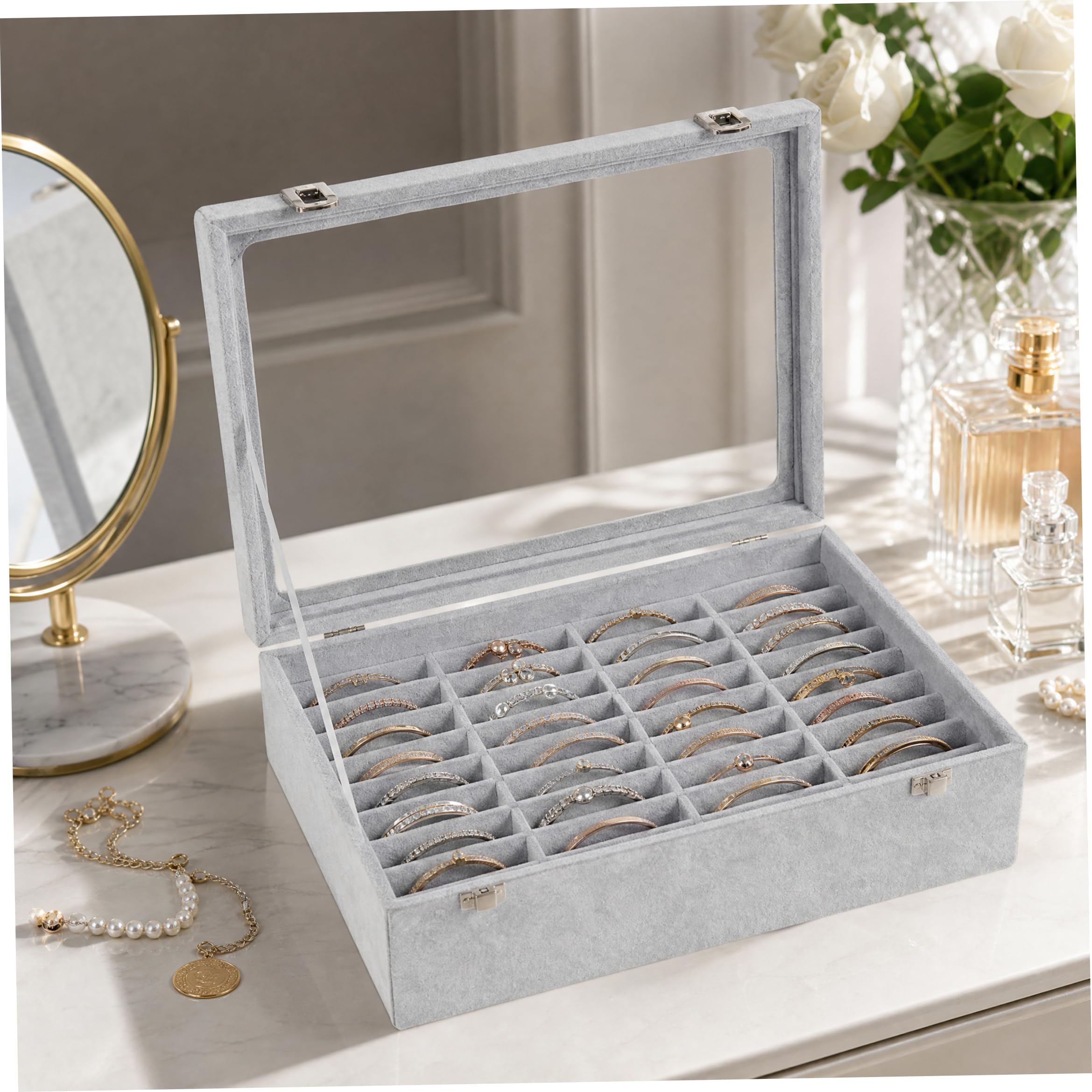 Organizador de caja para brazaletes Organizador de brazaletes con forro de terciopelo de 40 ranuras, gris plateado