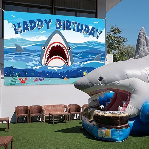 Miniatura 6 de Cartel de fondo de decoración de fiesta de tiburón, decoraciones de cumpleaños de tiburón, fondo de fotografía de zona de tiburones para niños y