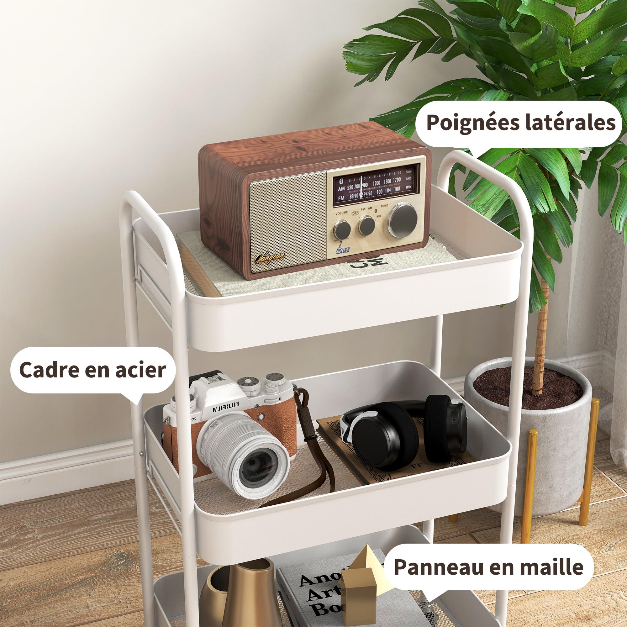 HOMCOM Chariot de Rangement en Acier 3 Niveaux Plateaux ajourés 45 x 30,6 x 79 cm Blanc