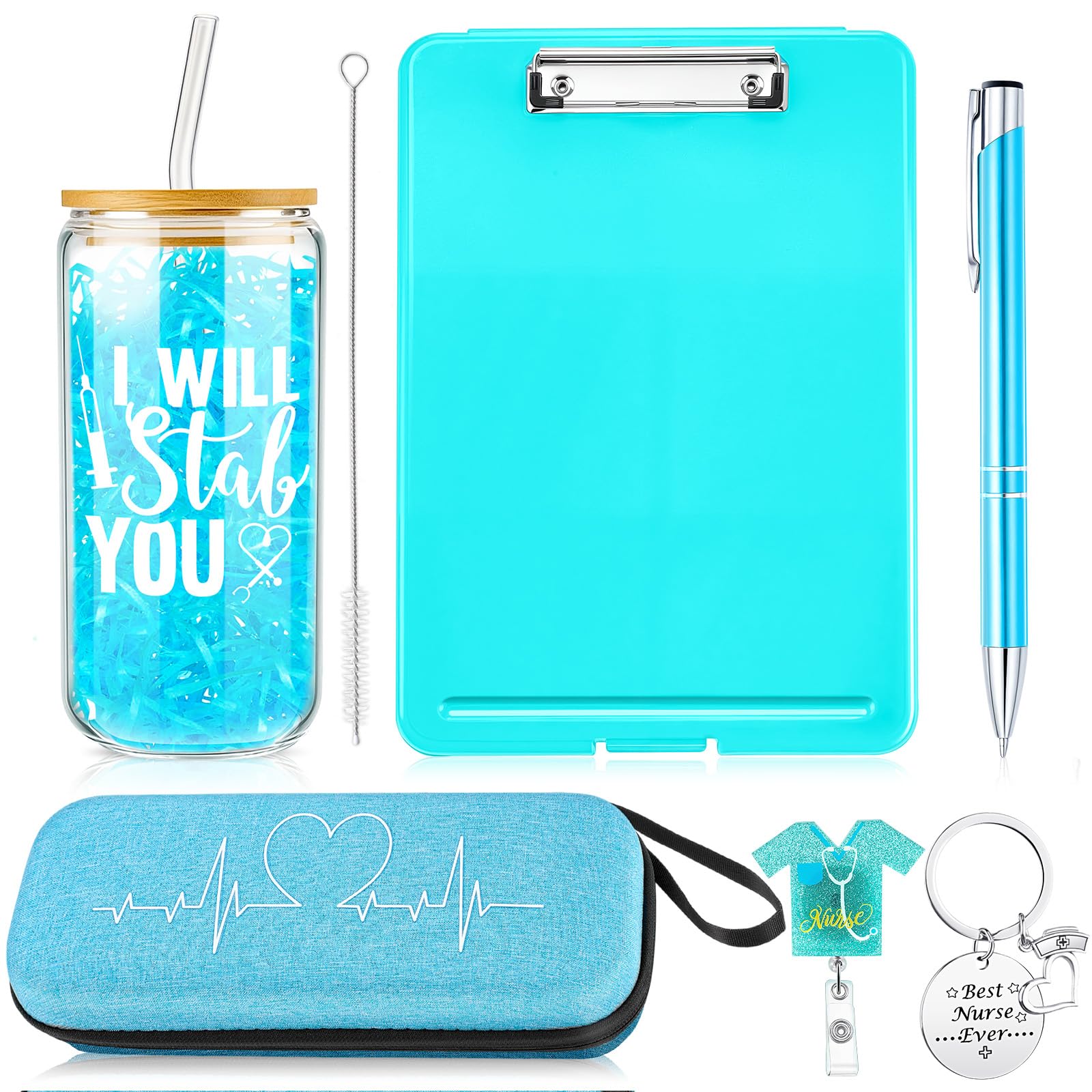 Fullhawl 6 Pcs Nurses Week Appreciation Gifts Set Nursing Gifts Include Glass Coffee Cup, Stethoscope Case, Ballpoint Pen, Badge Reel, Clipboard and