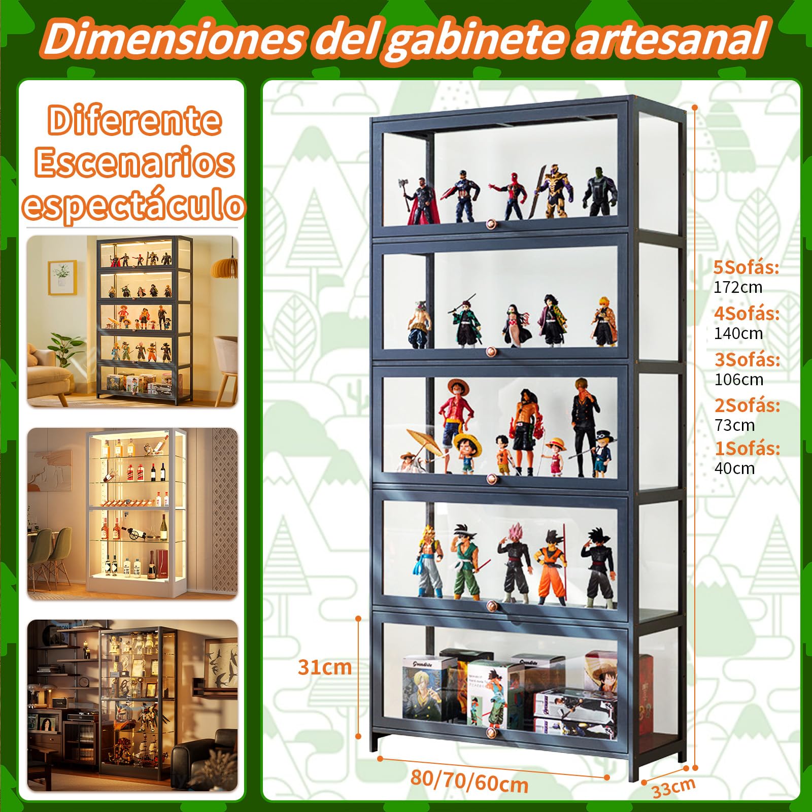 Vitrinas expositoras,vitrinas para Colecciones, Expositor Figuras, Vitrina perfumes, libreria Vitrina, Mueble estanteria Salon, Marco de Bambú Natural, Dormitorios, Salas de Estar