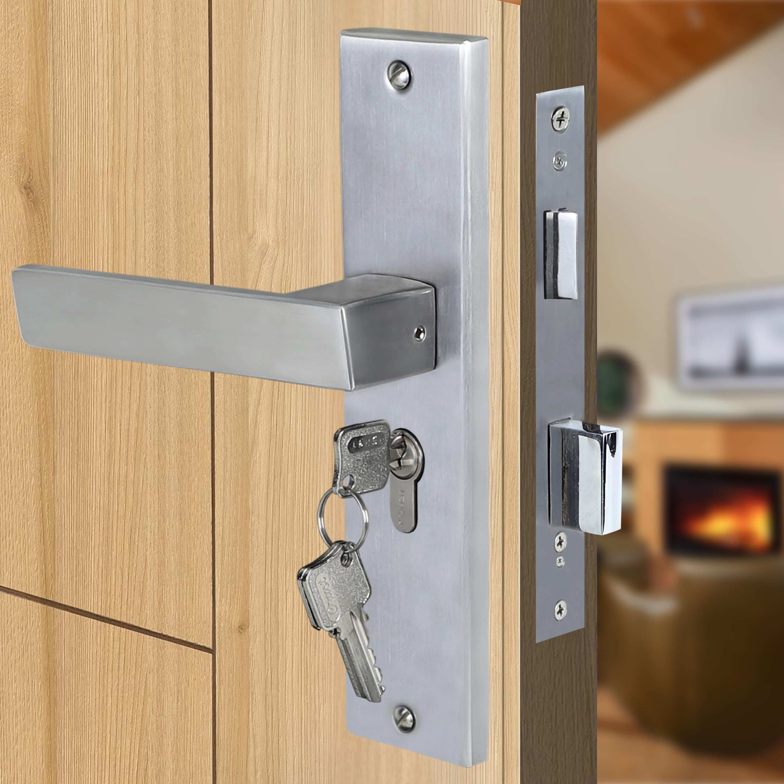 Blue Space Premium 8" Cylindrical Mortise Door Lock Handle Set with Brass Lock Body and One Side Key 60mm Cylinder Set with 3 Computer Keys (LB10001, Matt Satin) — Amazon image 7