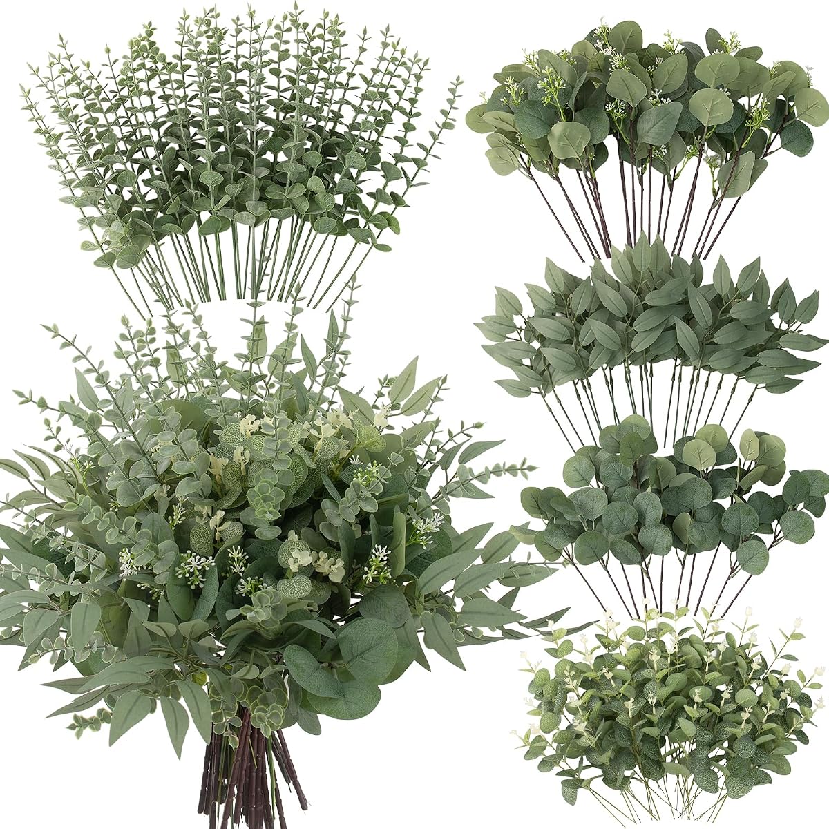 lovemoon 130 Pcs Artificial Mixed EucalyptusStems Bulk, 5 Kinds of Faux GreeneryEucalyptus Leaves Bulk for Vase Wedding DIY Bouquets Floral Arrangement Home Decor (130, Green)