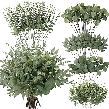lovemoon 130 Pcs Artificial Mixed EucalyptusStems Bulk, 5 Kinds of Faux GreeneryEucalyptus Leaves Bulk for Vase Wedding DIY Bouquets Floral Arrangement Home Decor 130, Green