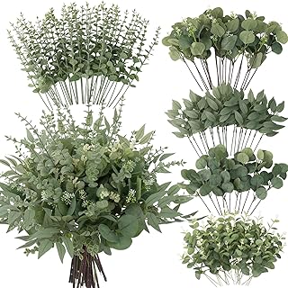 lovemoon 130 Pcs Artificial Mixed Eucalyptus Stems Bulk, 5 Kinds of Faux...