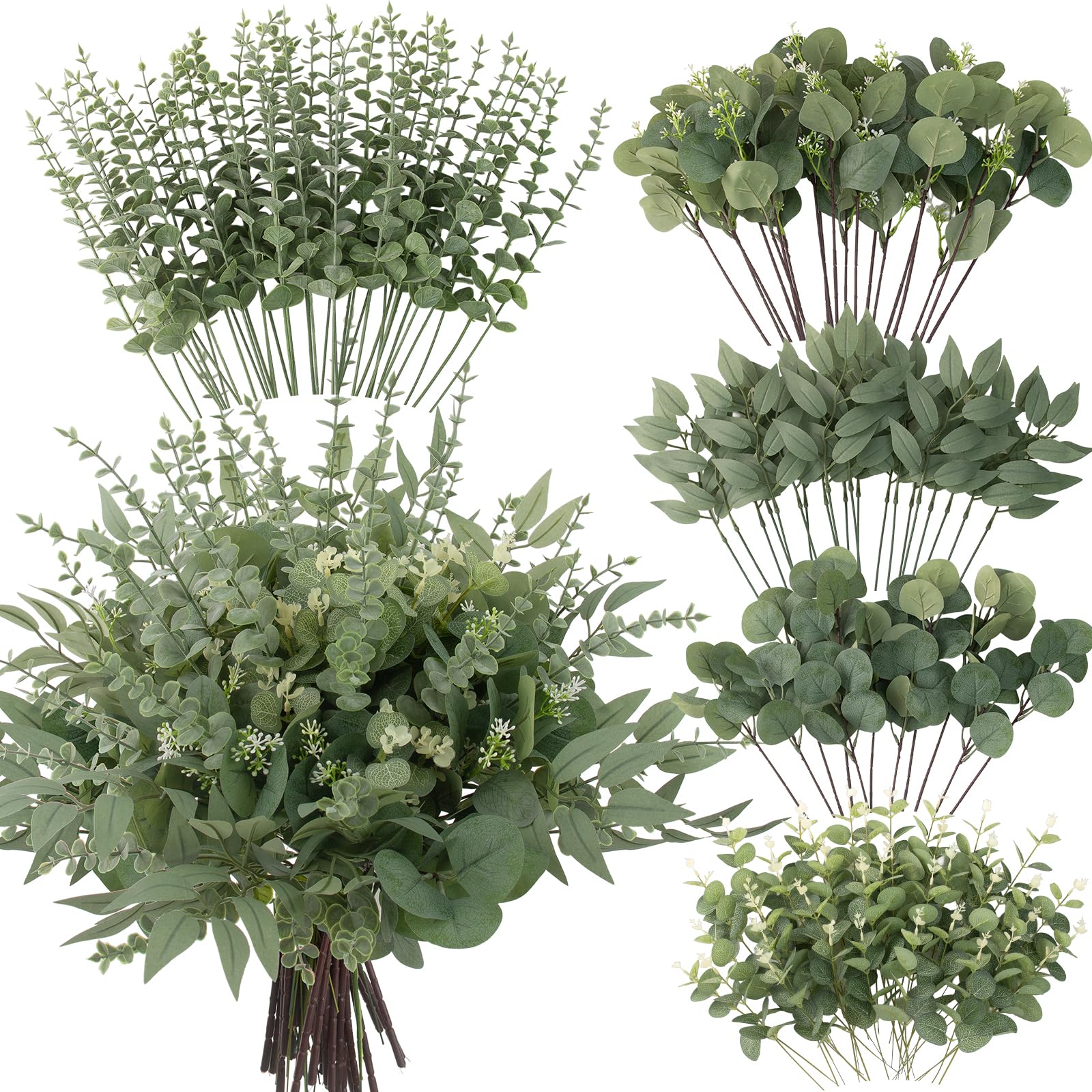 lovemoon 130 Pcs Artificial Mixed Eucalyptus Stems Bulk 5 Kinds of Faux Greenery Eucalyptus Leaves Bulk for Vase