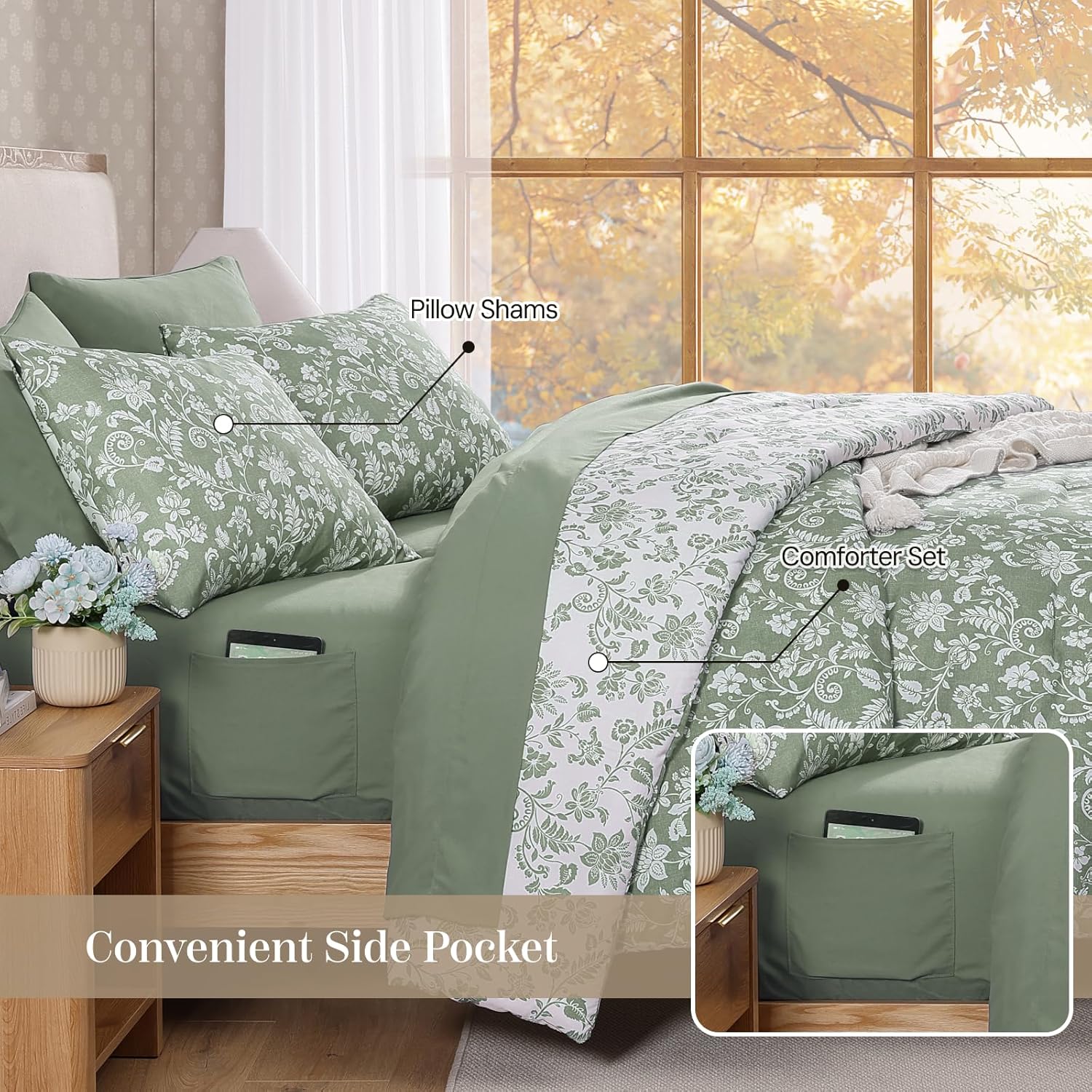 BLOOMHAVEN Queen Comforter Set -7 Pieces Floral Grey Green Comforter Set for All Seasons, Bed in a Bag Queen with Botanical Flowers Comforter, Sheets, Pillowcases & Shams