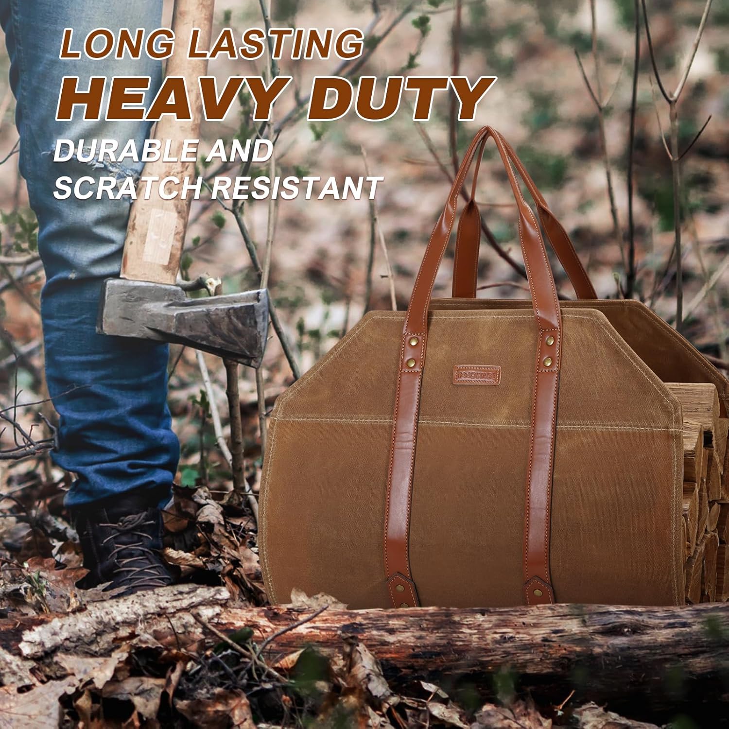 INNO STAGE Log Carrier|Waxed Canvas Log Holder|Firewood Carrier Tote Bag|Fireplace Wood Stove Accessories-Khaki - Image 6