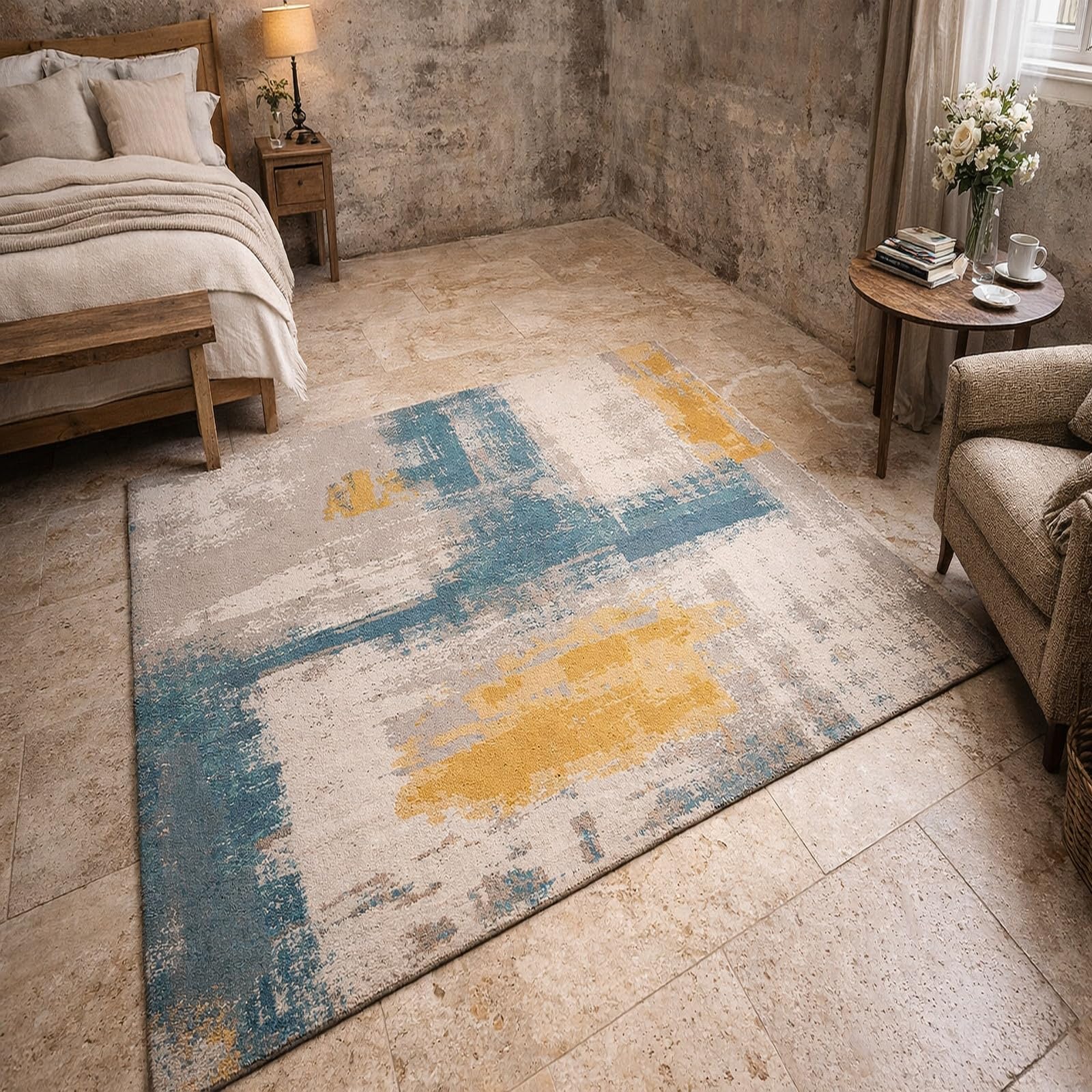 Tapis moderne abstrait à poils ras jaune bleu gris beige 140x160