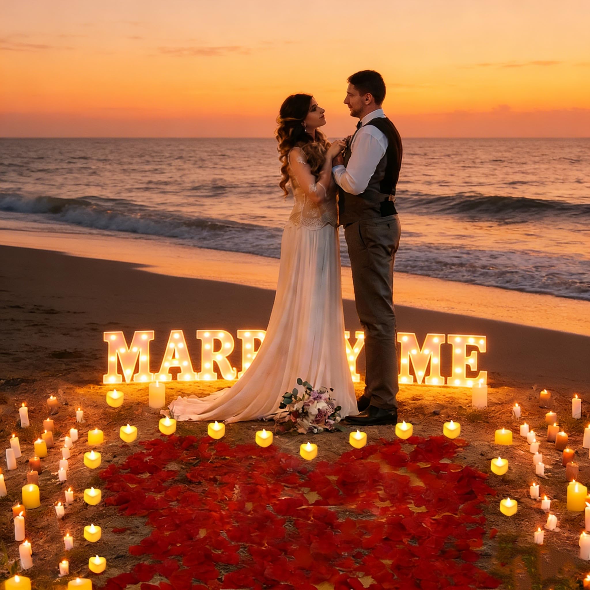 RANJIMA MARRY ME Leuchtbuchstaben als Dekoration für Heiratsanträge, 2000 künstliche Rosenblätter mit 24 Romantischen Flammenlosen Kerzen in Herzform für Hochzeitstag Braut Verlobung Valentinstag