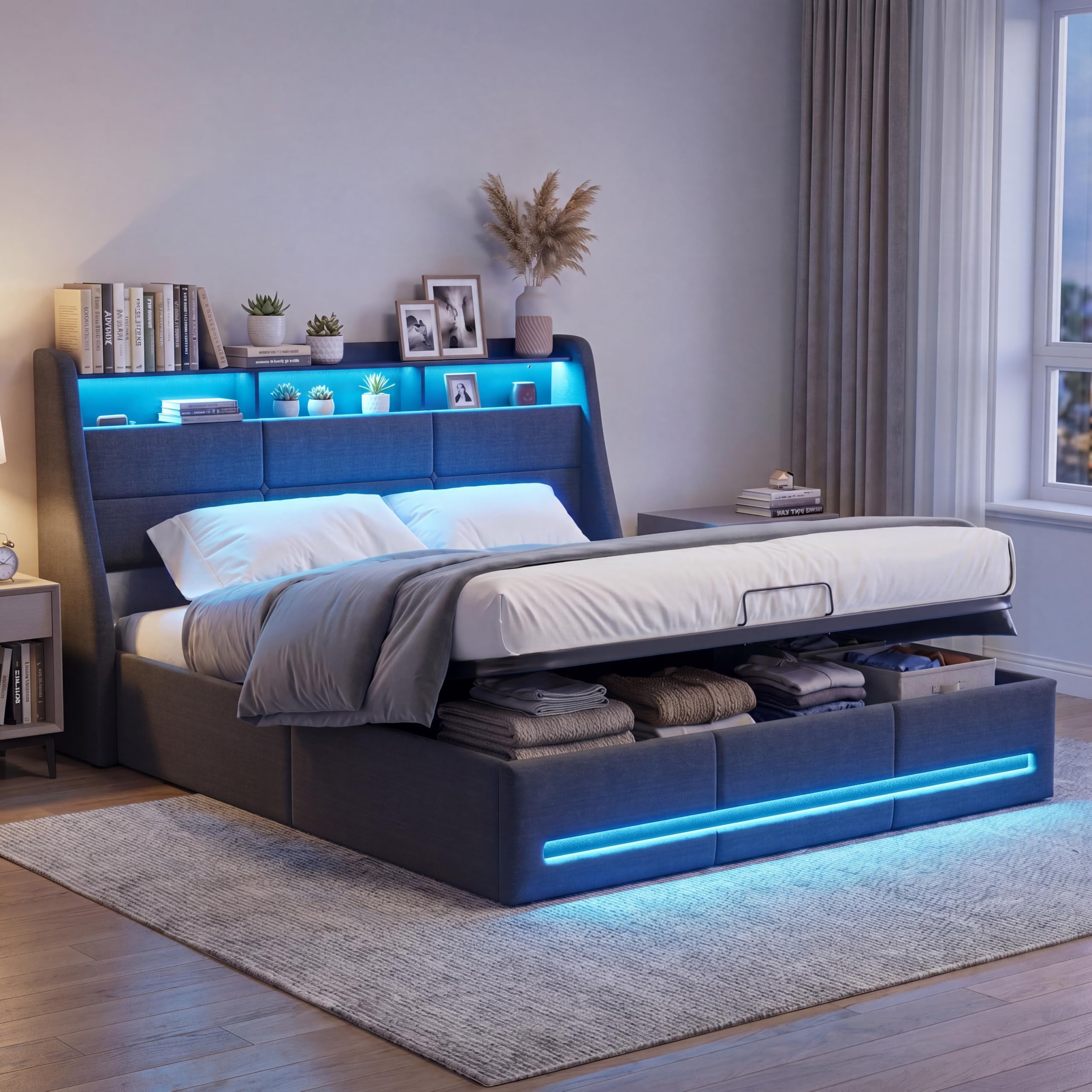 Cama tapizada para cama doble de 140 x 200 cm con LED, cama hidráulica con espacio de almacenamiento, cabecero con LED y USB tipo C, estructura de cama juvenil con cajón y somier, lino, gris, sin