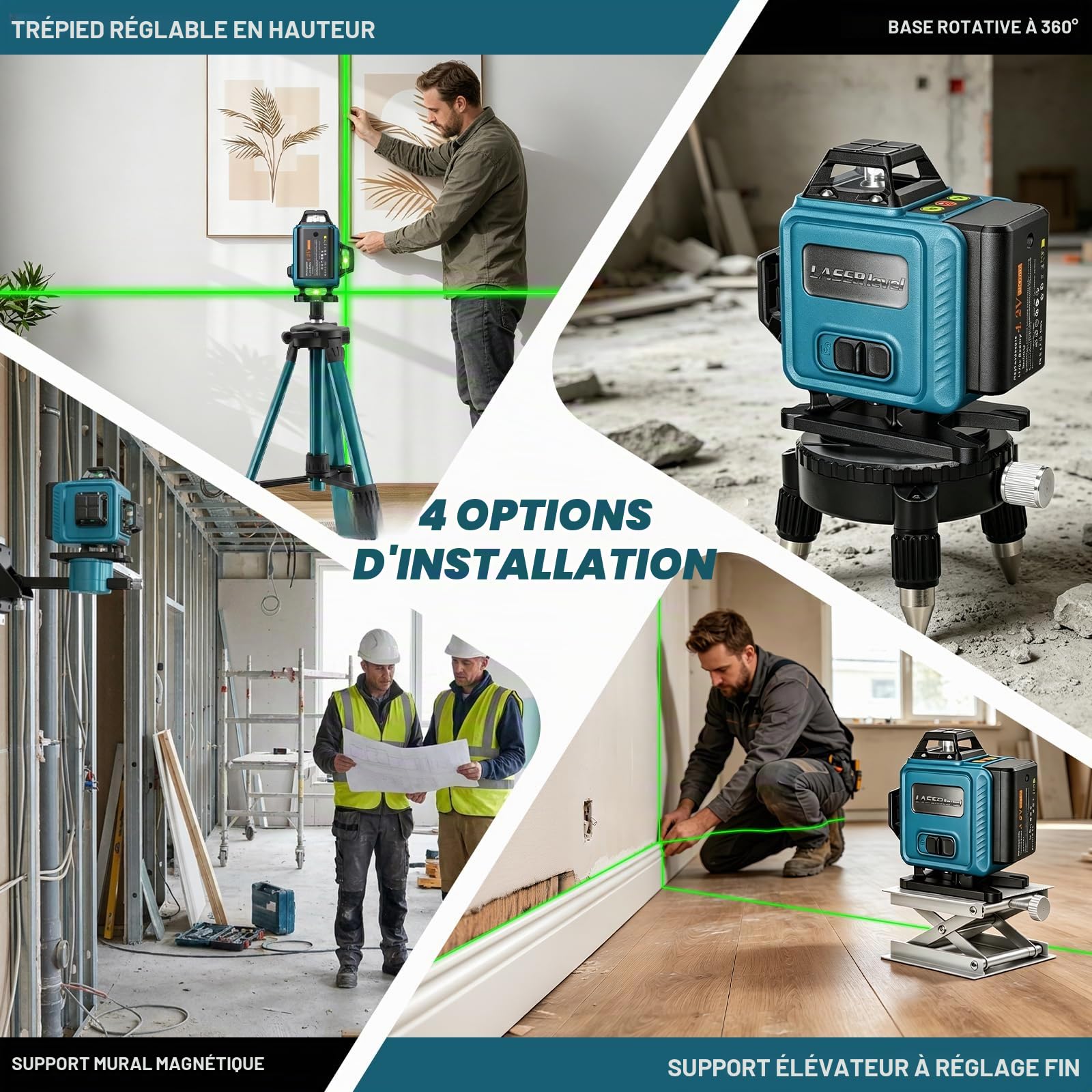 Niveaux Laser 360 Autonivelant Avec Trepied, Laser Chantier avec 16 Lignes | 4D Lazer Niveaux Vert, IP54 Waterproof, avec 2 * 3000mAh Batteries et Télécommande