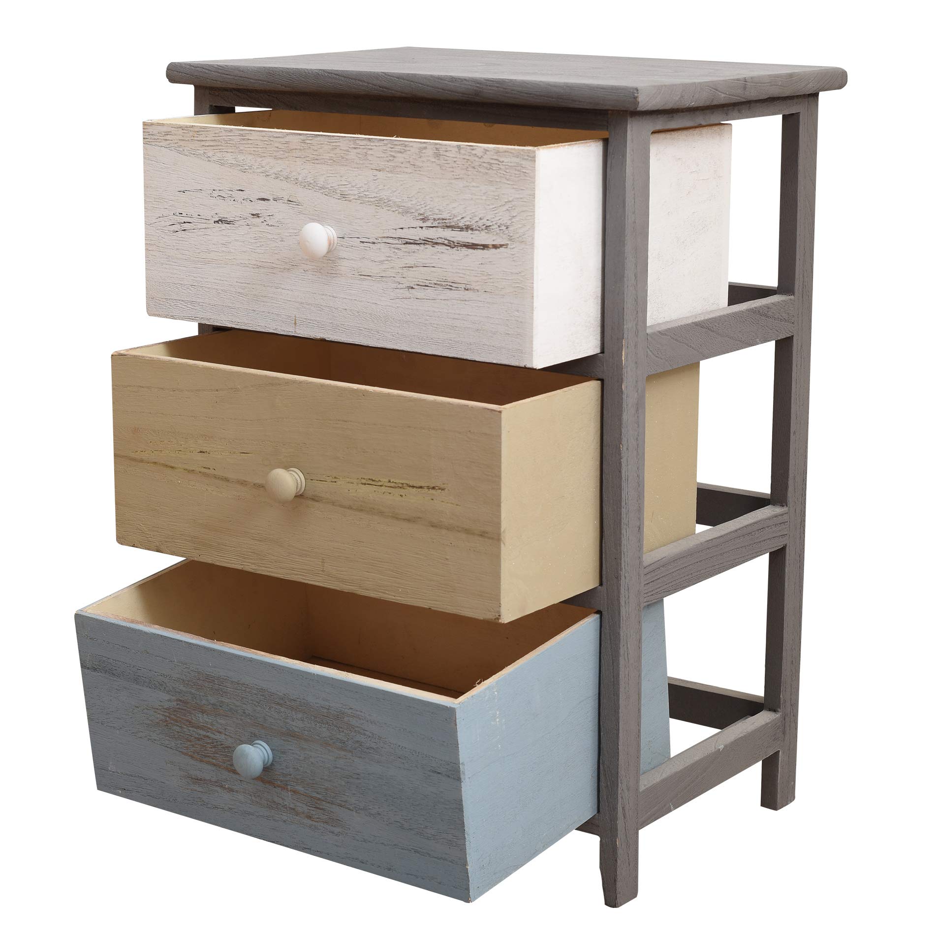 Rebecca Mobili Comodino vintage, cassettiera con 3 cassetti, legno paulownia, grigio beige blu, camera salotto - Misure: 56 x 40 x 29 cm (HxLxP) - Art. RE4883