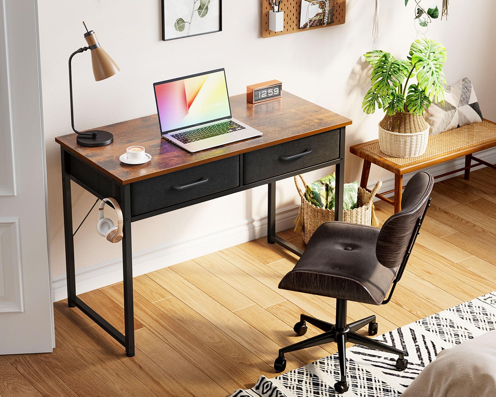 ODK Petit Bureau avec 2 Tiroirs, 100 x 40 x 78.7 cm, Marron | Bureau d'Ordinateur avec tiroirs en tissu, crochet casque et rangement pratique pour livres, accessoires et fournitures.