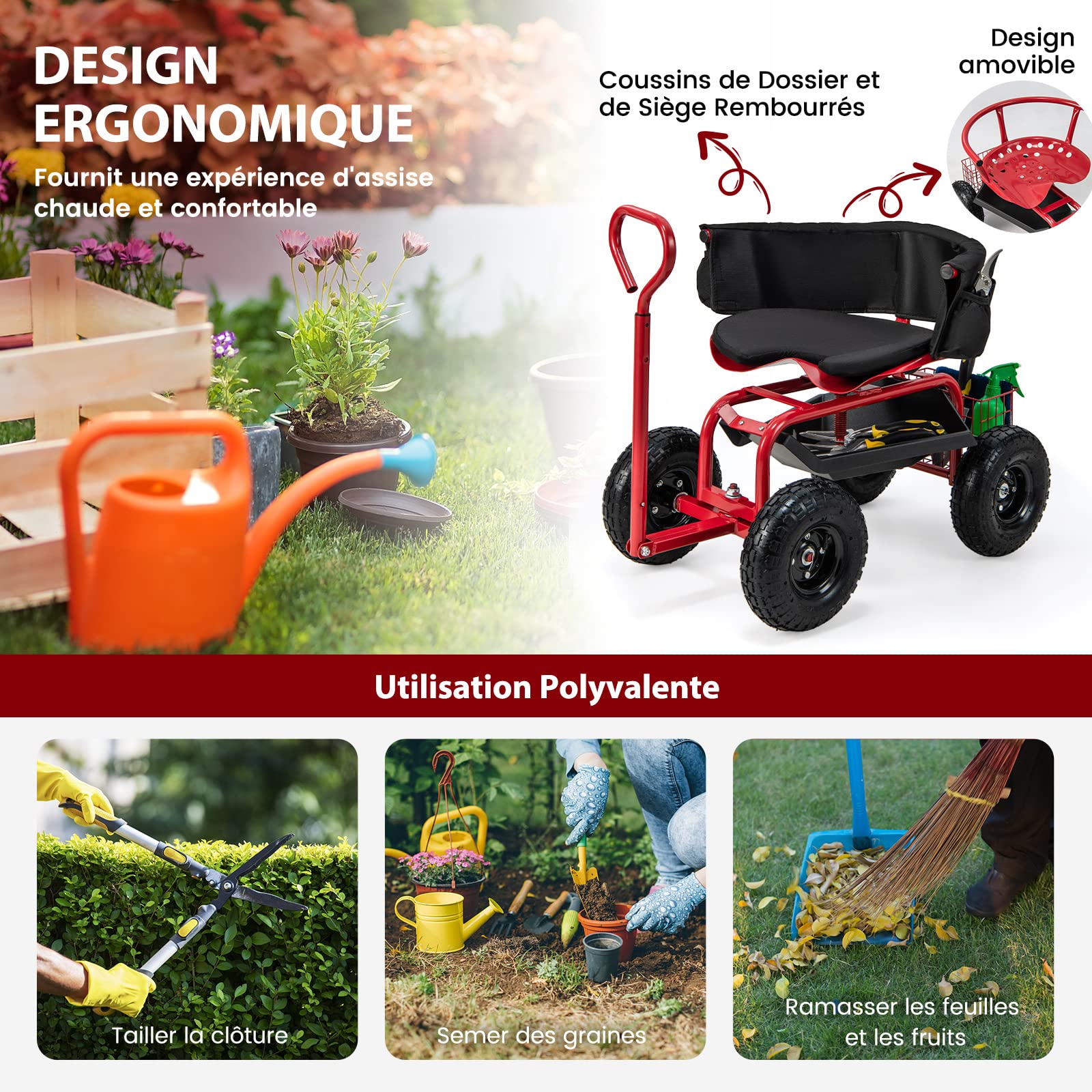 RELAX4LIFE Chariot de Jardin avec 4 roulettes Siège Pivotant 360° Hauteur Réglable Poignée Extensible Panier de Rangement, Chariot de Outil pour Garage Pelouse Cour Charge 135 kg Rouge