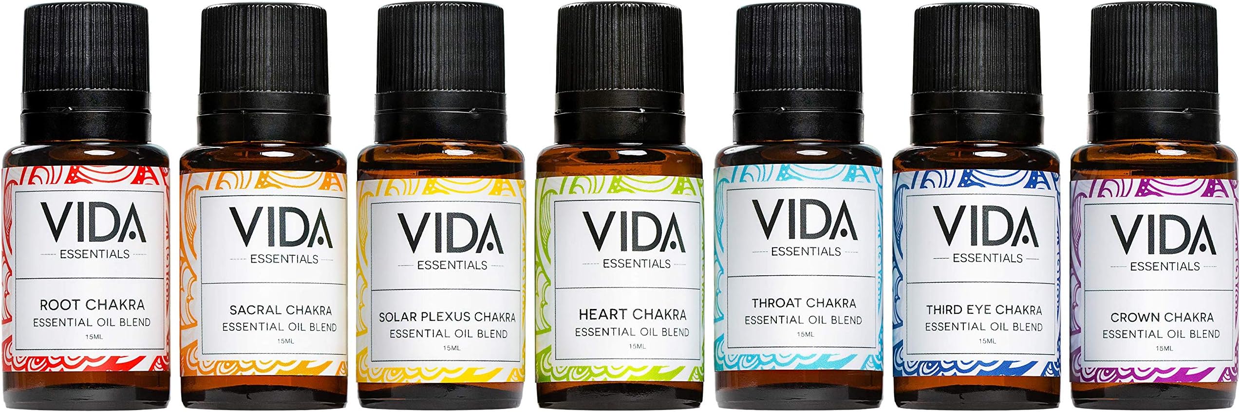 VIDA Essentials Pure and Natural Healing 7 Set Chakra Essential Oil Blends, 15 mL (0.5 oz). Relaxing Aromatherapy Perfect for Chakra Diffuser Bracelet, Chakra Necklace, Aroma Diffuser