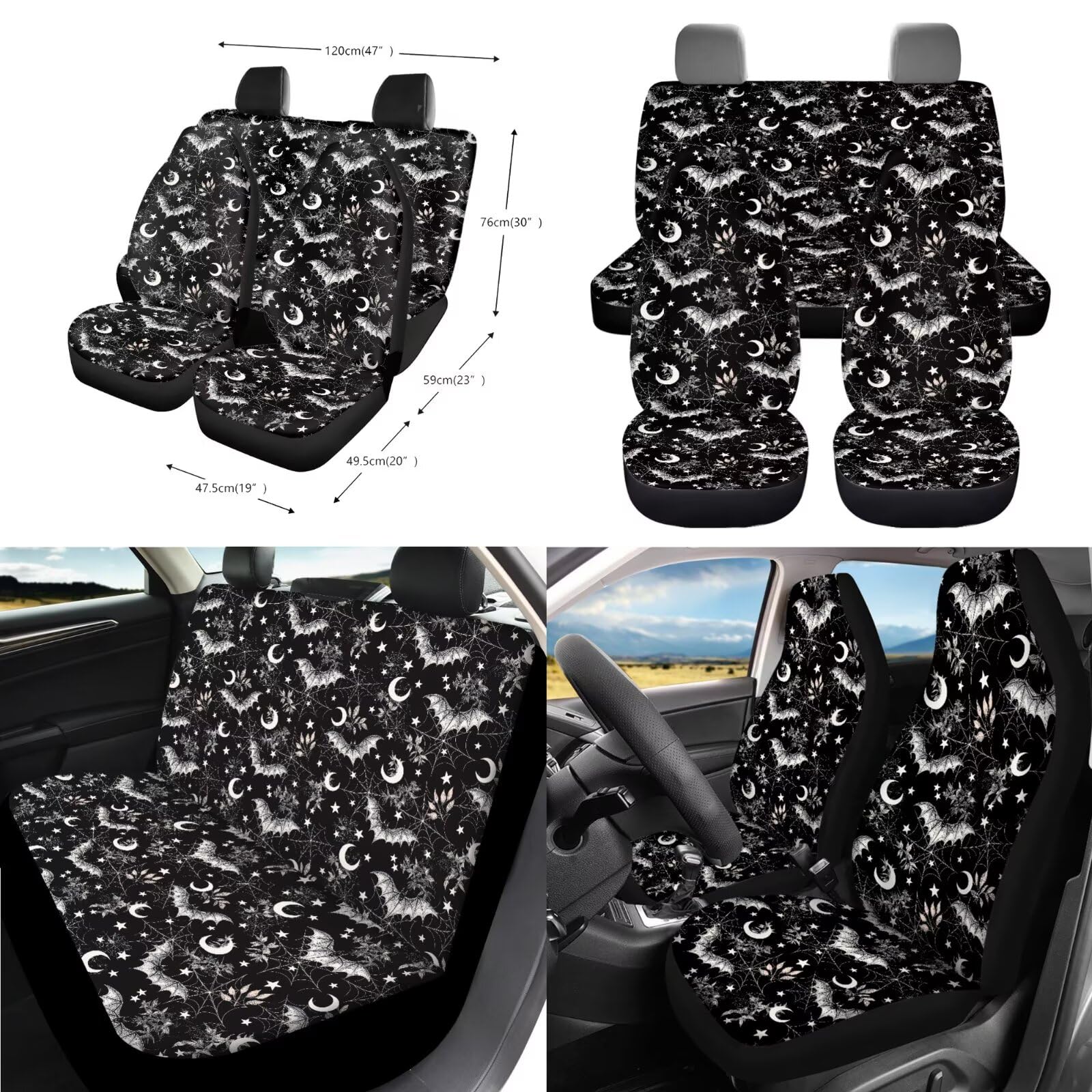 Set completo di coprisedili anteriori e posteriori per auto, con stampa di ragnatela, coprivolante e posteriore, per uomo, decorazione per interni auto, nero e grigio