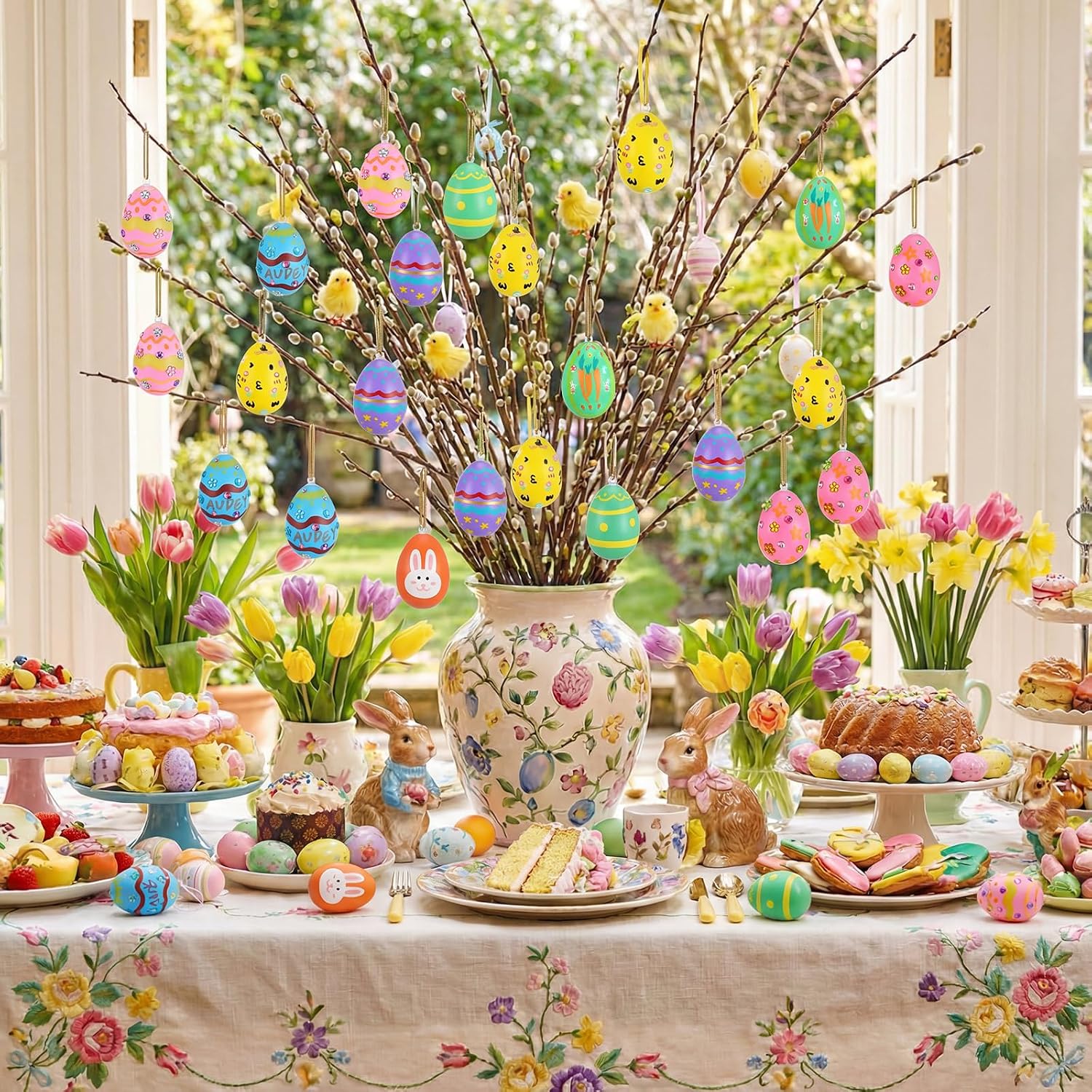 Resholder 48 Set White Easter Egg Painting Kits Blank Paintable Eggs Craft with Color Pens Paint Stickers DIY Hanging Eggs Bulk Ornaments for Easter Dye Craft Party Handmade Activities Decoration