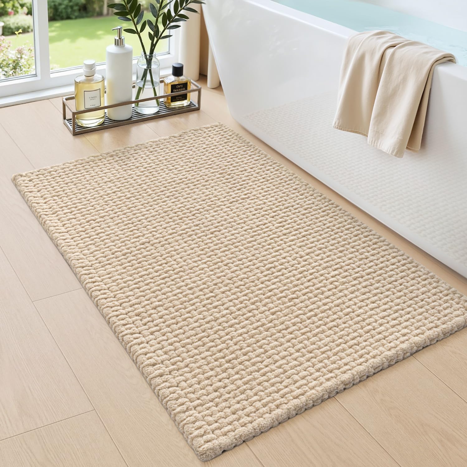 DEXI Bathroom Rugs 24x36, Non Slip Washable Bath Mat, Absorbent Chenille Bathmat, Ultra Soft Thick Carpet for Tub Shower Floor, Beige