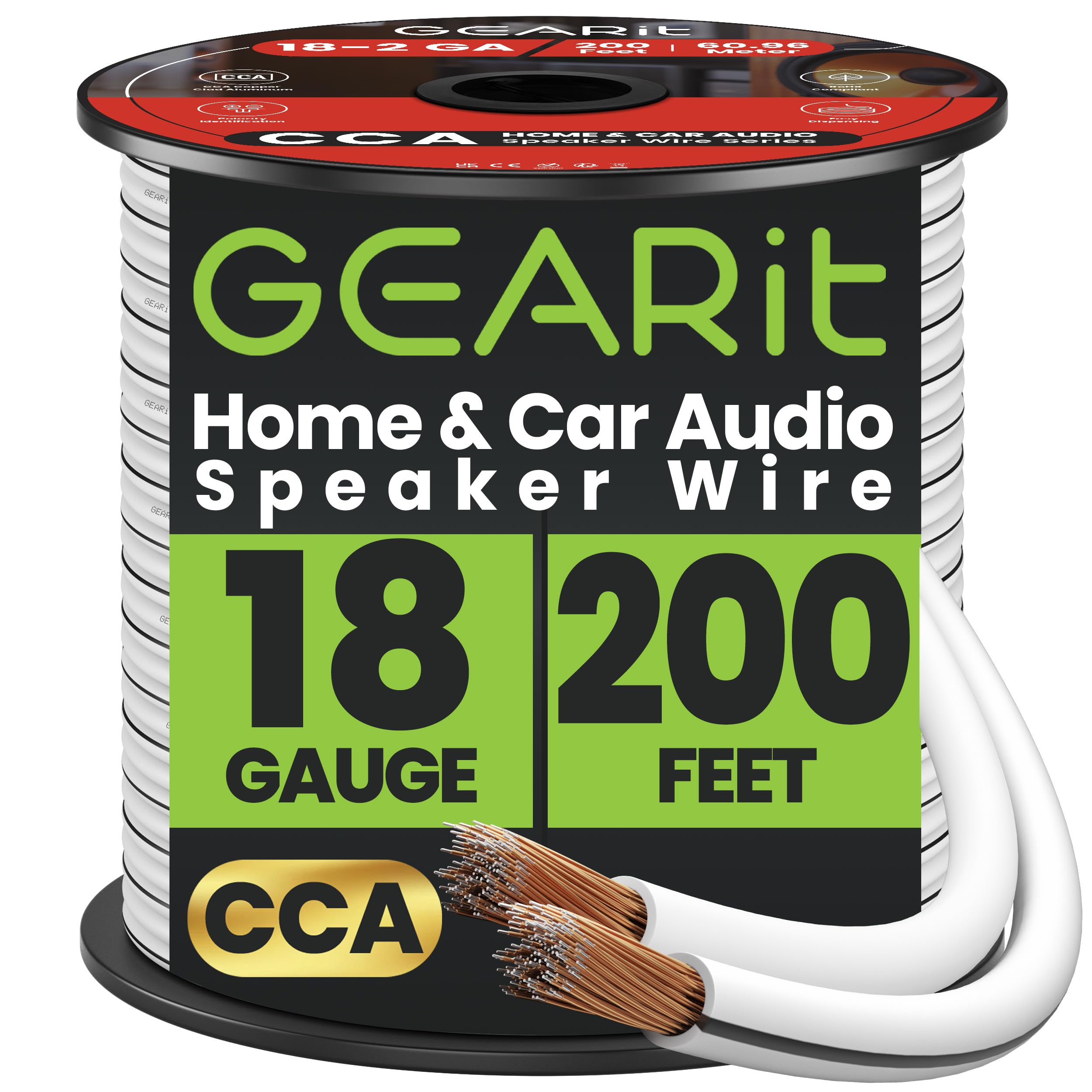 GearIT Pro Series 18 AWG Speaker Wire - 200 Feet White, Ideal for Home & Car Speakers