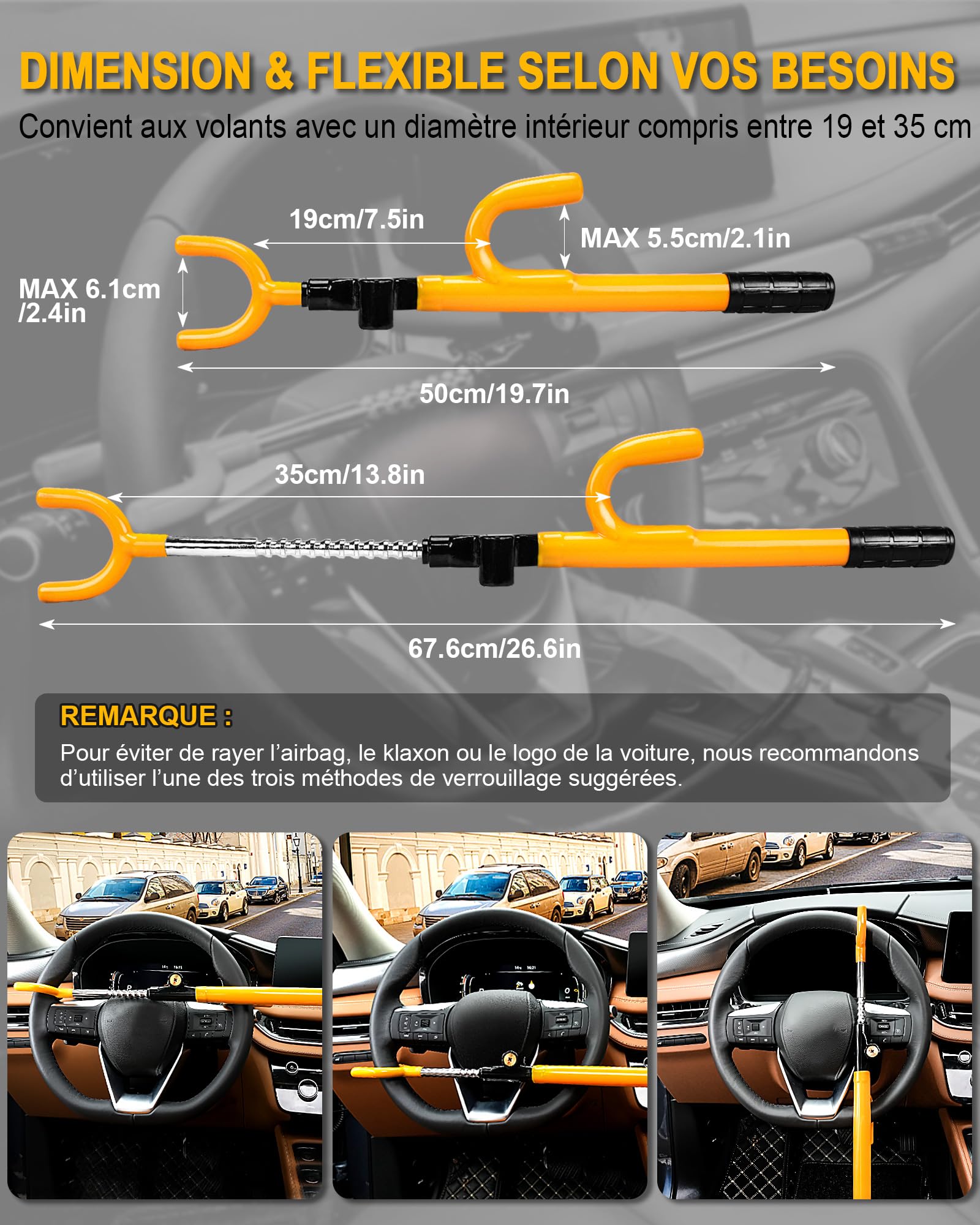 Tevlaphee Bloque-Volant, Serrure de Sécurité Auto, Dispositif Anti-Vol Robuste, Haute Visibilité, Adaptation Universelle pour Voitures, SUV & Vans, Réglable, Noyau en Acier Massif, 3 Clés(Jaune)