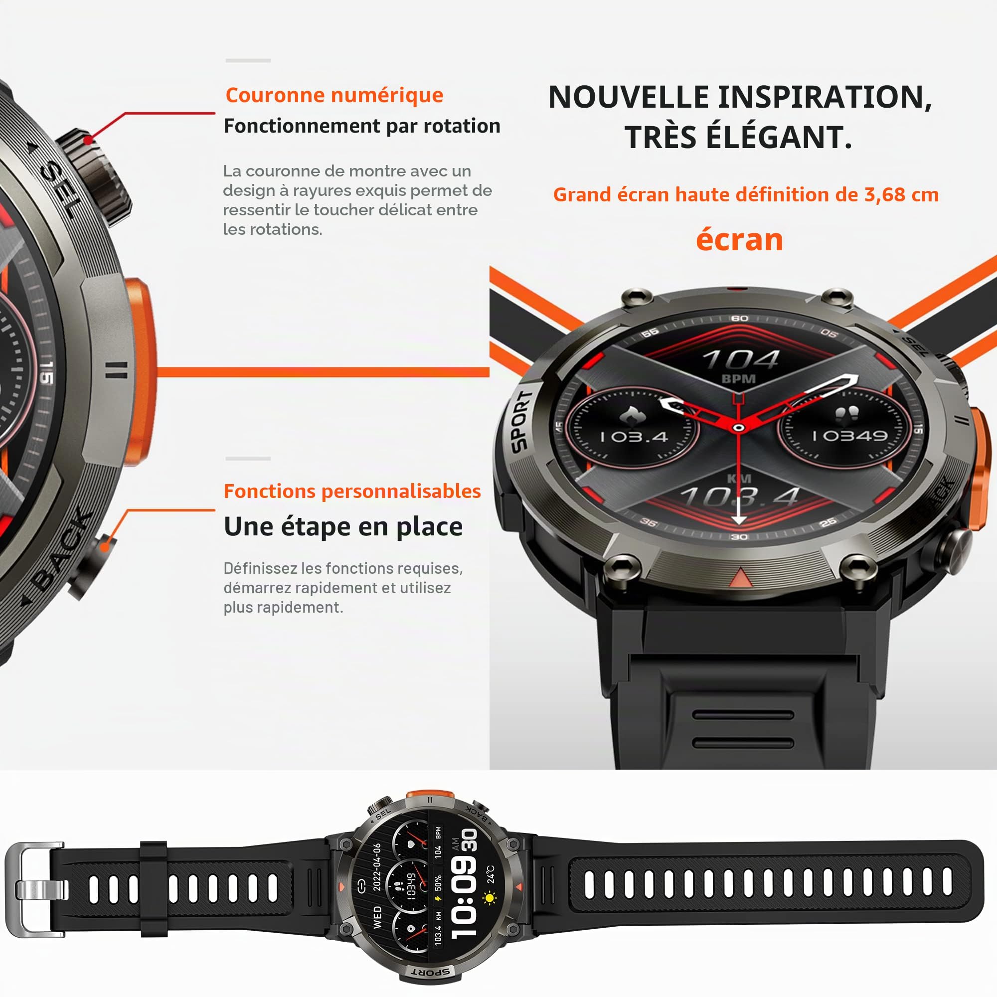 Montre Connectée Homme avec Appels Bluetooth, 1,45'' Smartwatch avec 100+ Modes Sportifs/Torche/SpO2/Lecteur de Musique/Fréquence Cardiaque/Sommeil/ SpO2 pour Android iOS