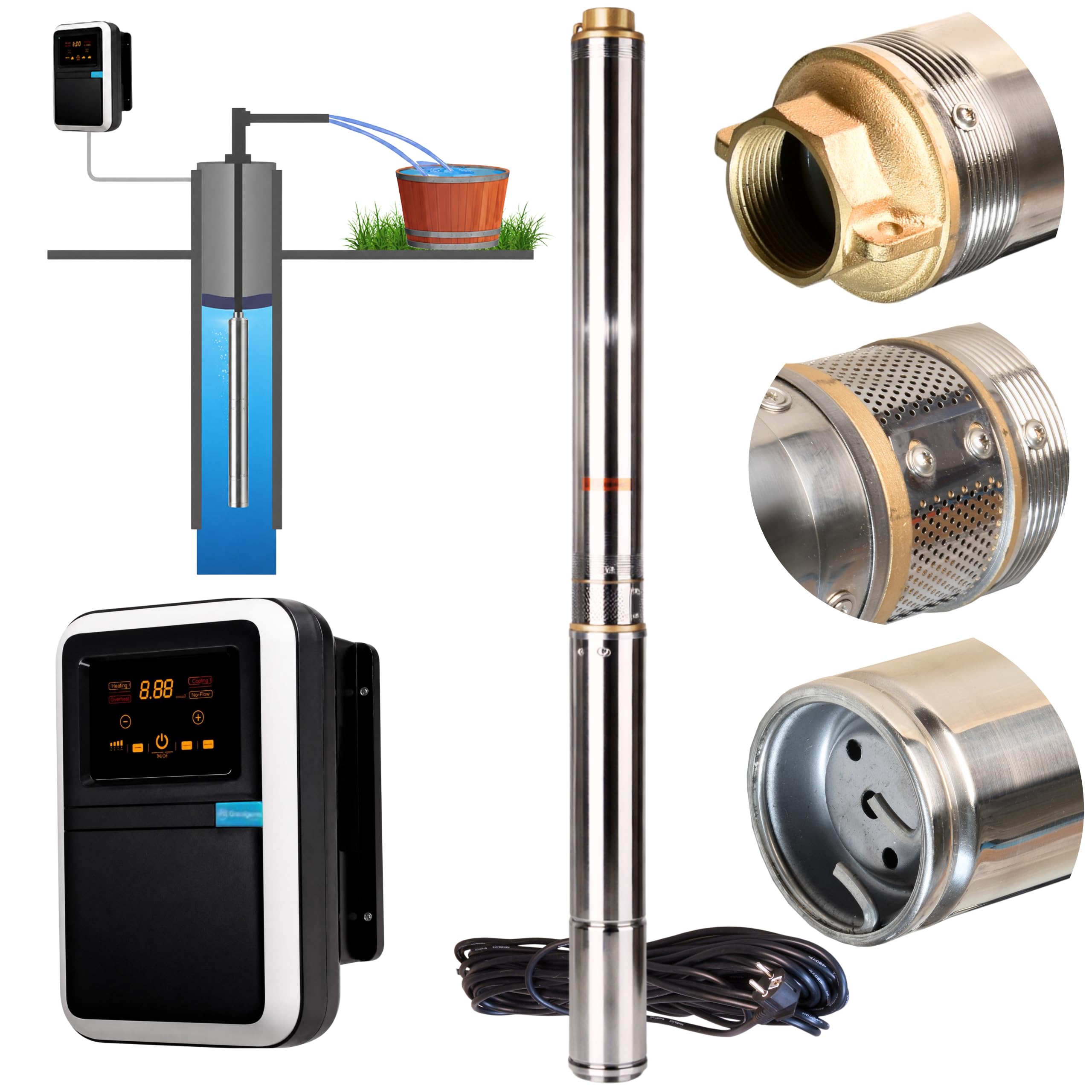 Pompa Sommergibile d'Acqua per Pozzo Profondo 3,5" ZEN 3/24 con Inverter - Pompa Sommersa in Acciaio Inox - Resistente alla Sabbia - con Scatola di Controllo Esterna, 1500 W, 6300 l/h, 127 m, 12,7 Bar