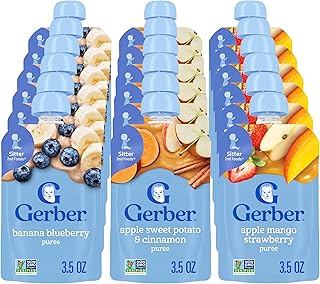 Gerber Alimento para bebés de etapa 2, manzana, batata canela, manzana, mango, fresa y puré de plátano y arándanos, paquete de 18 unidades