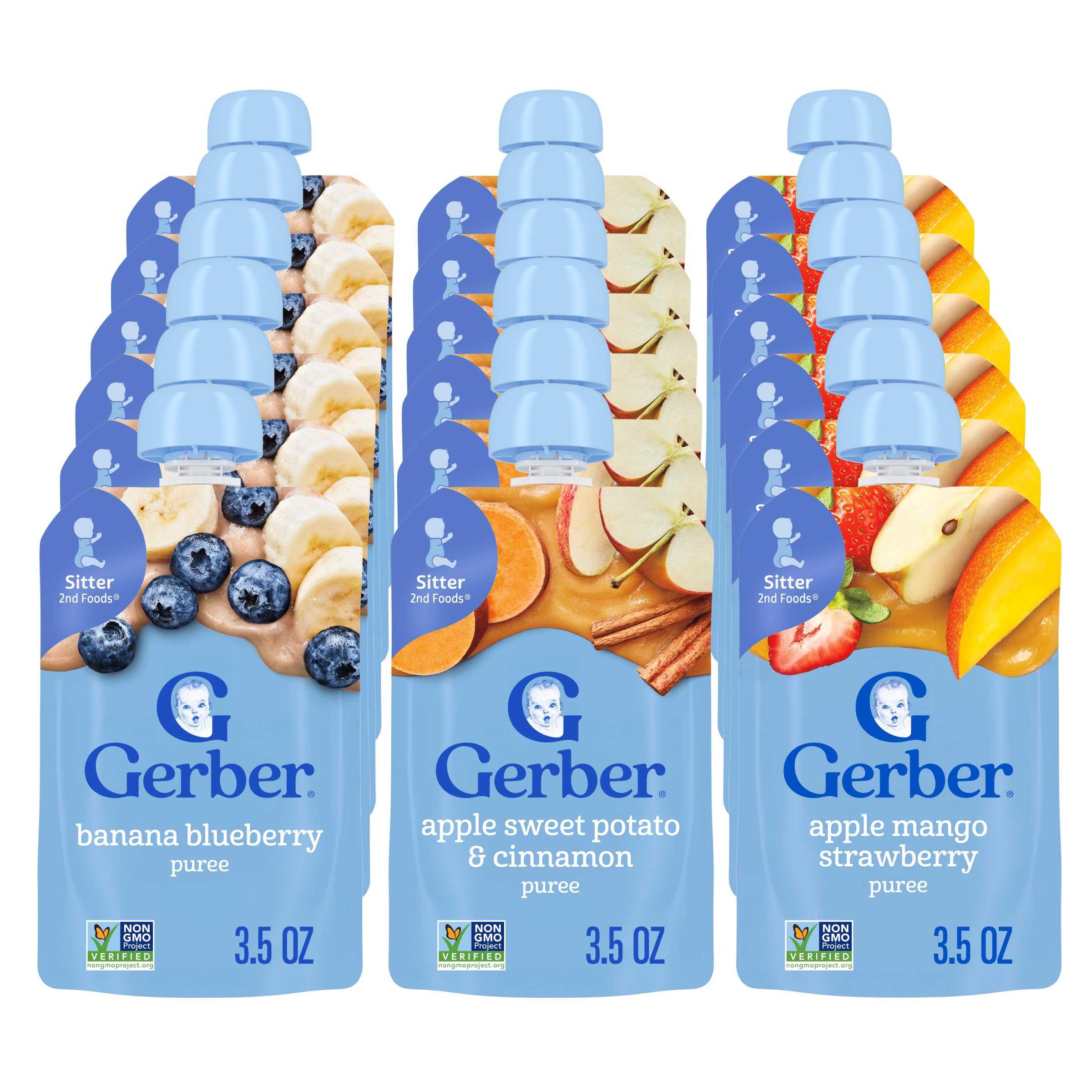 Gerber Stage 2 Baby Food, Apple Sweet Potato Cinnamon, Apple Mango Strawberry, and Banana Blueberry Puree Pouches, 18-Pack