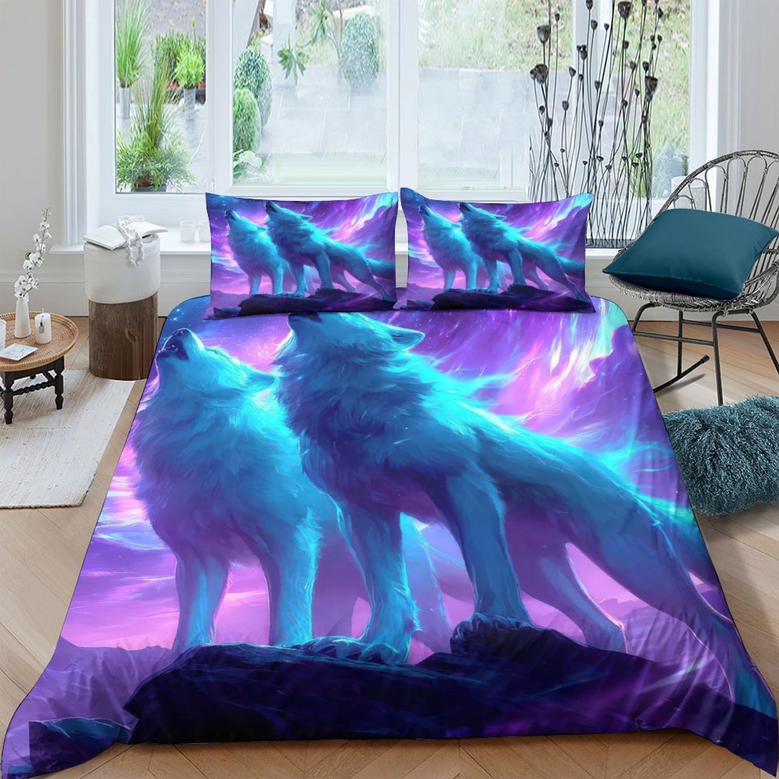 Ctjqhvkz Style-8 3D Printed Blue Wolf Fitted Sheet Microfiber Soft Breathable Aurora Forest Mattress Cover For Bedroom Dorm Bed Decor Single（135X200cm）