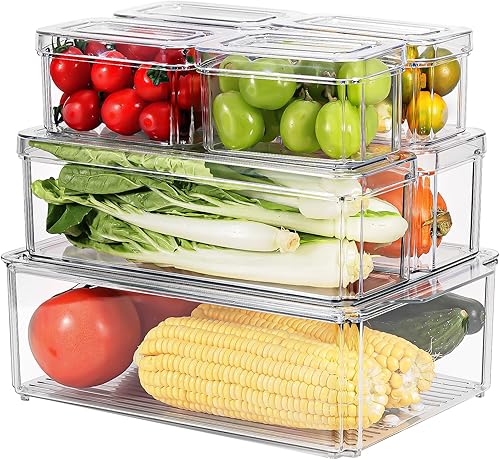 Obsoorth Paquete de 7 cubos organizadores apilables para refrigerador con tapas, organizadores de refrigerador de cocina de acrílico transparente
