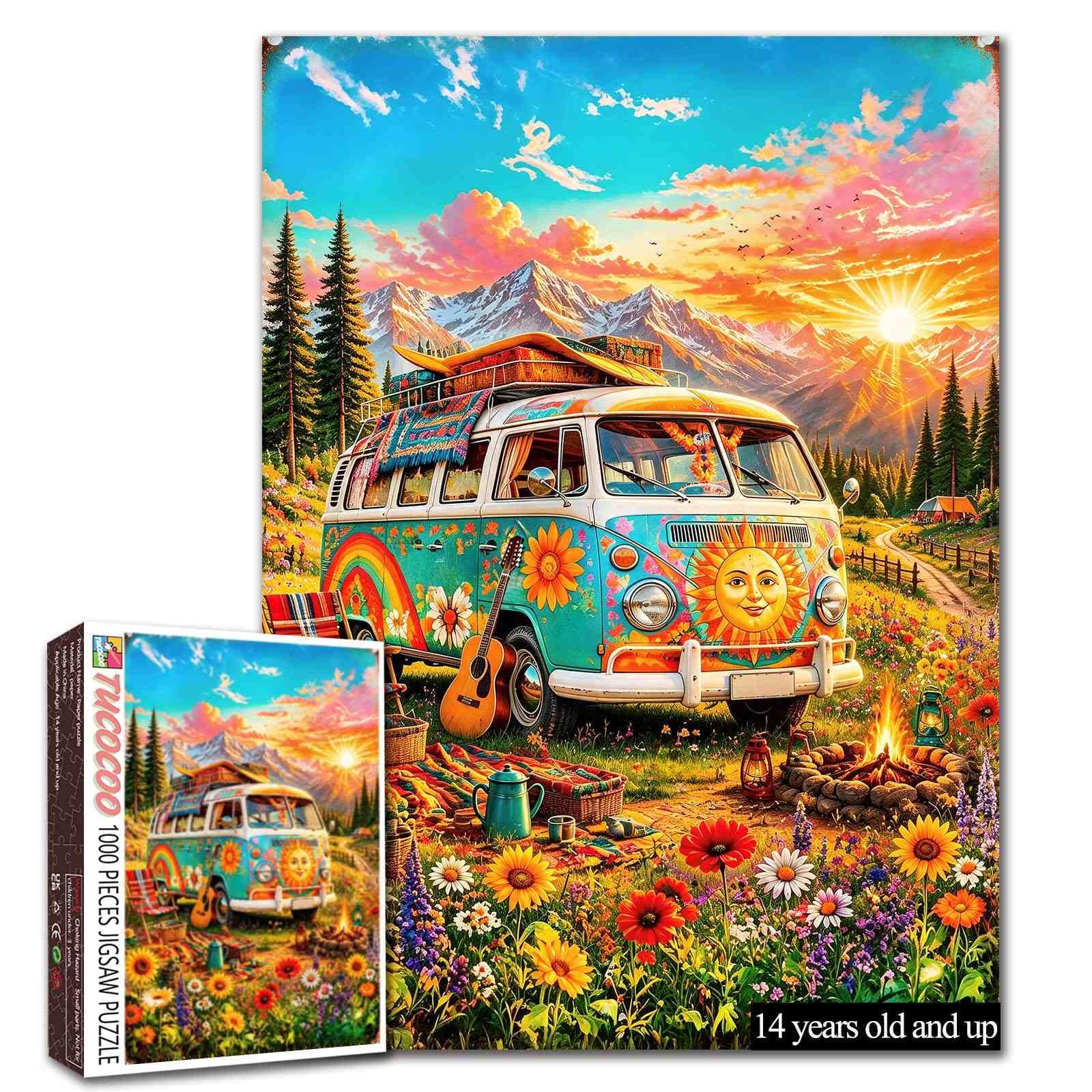 Hippie Campervan 1000Piece Jigsaw Puzzle for Adults Colourful Retro Camping — image 1