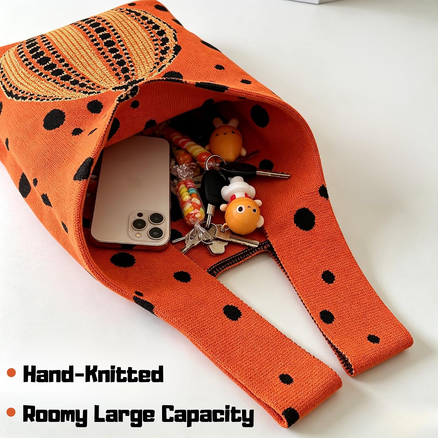 Halloween Pumpkin Knit Tote Bag 100% Cotton Trick or Treat Bag image 5