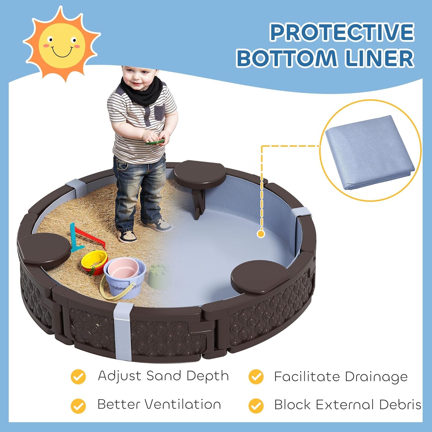 HDPE 47in Round Sandbox with 3 Ergonomic Seats, 661lb Sand Capacity, Fully Waterproof Bottom Liner & Dust/Rain Cover, Brown