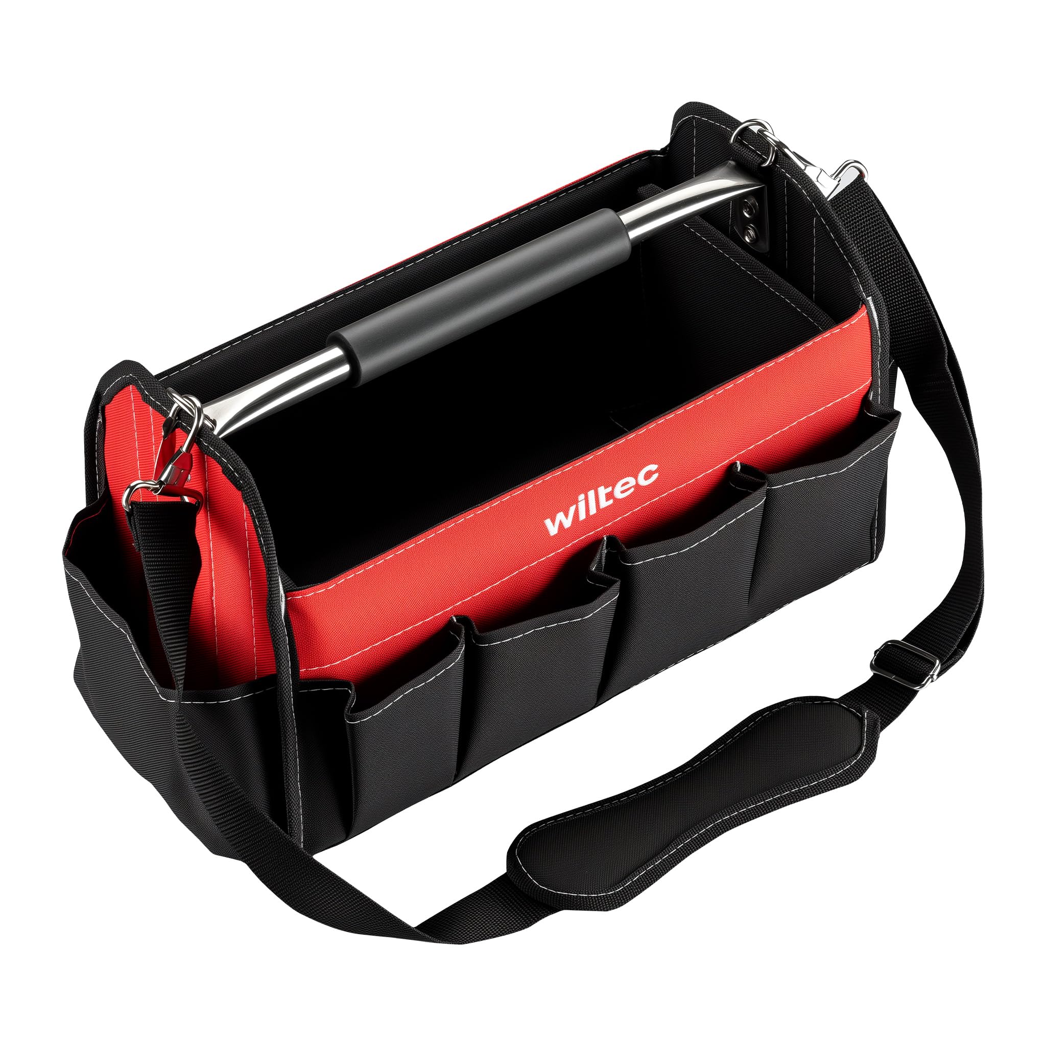 Wiltec Red, Black Tool Bag With 14 Practical Pockets, 30 Kg Capacity, Organiser Bag For Carpenters, Electricians, Mechanics And Diy Enthusiasts, Multiple Pouches, Shoulder Strap And Handle For Easy Portability