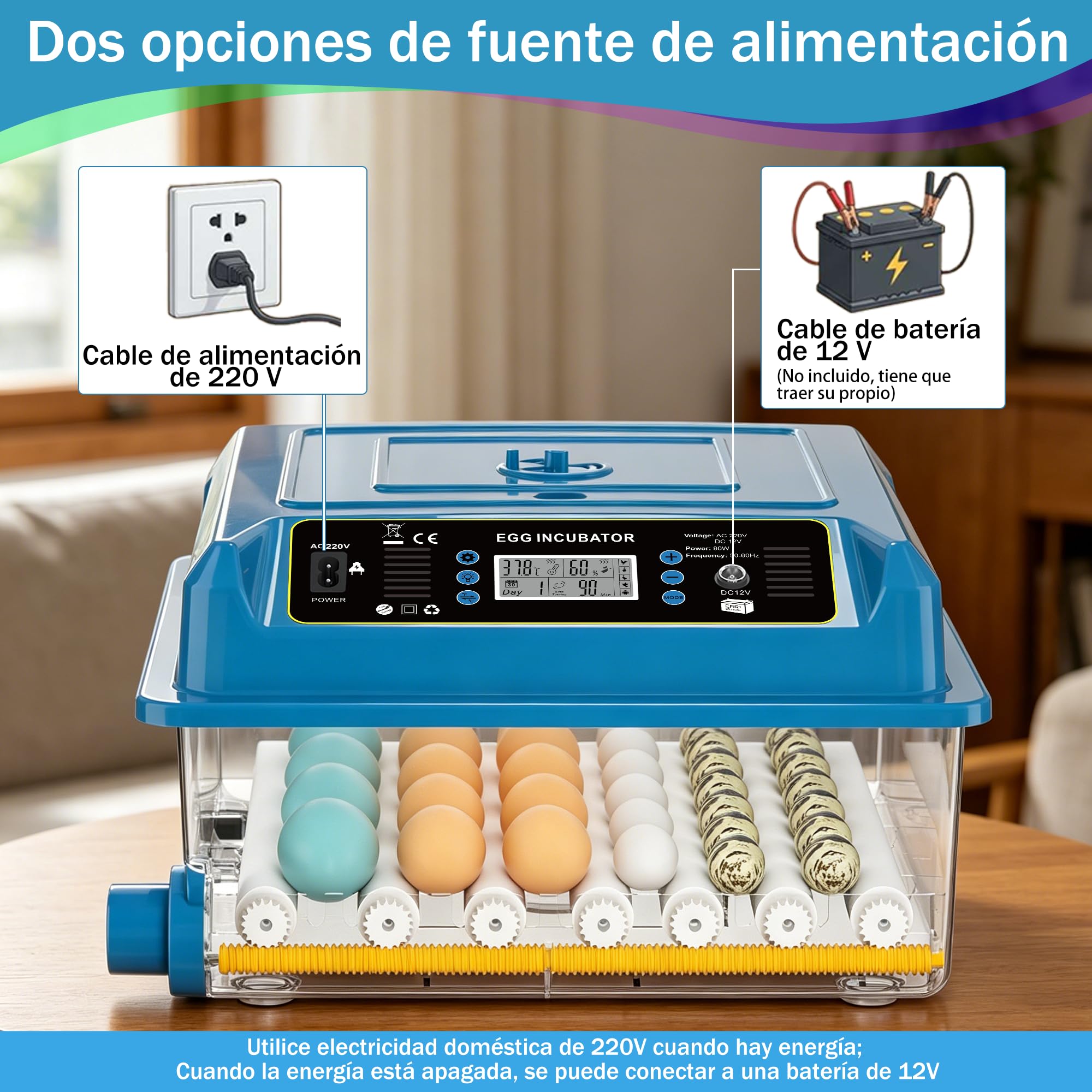 Incubadora de huevos para incubar pollos con control de temperatura y giro automático (azul, 36 huevos)