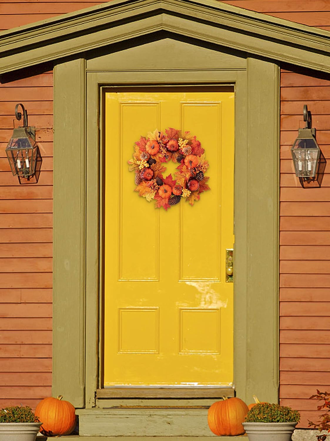 joybest 15 Inch Fall Door Wreath Autumn Maple Leaf Pumpkin Pinecone Harvest Wreath for Front Door Thanksgiving Halloween Decorations Home Decor
