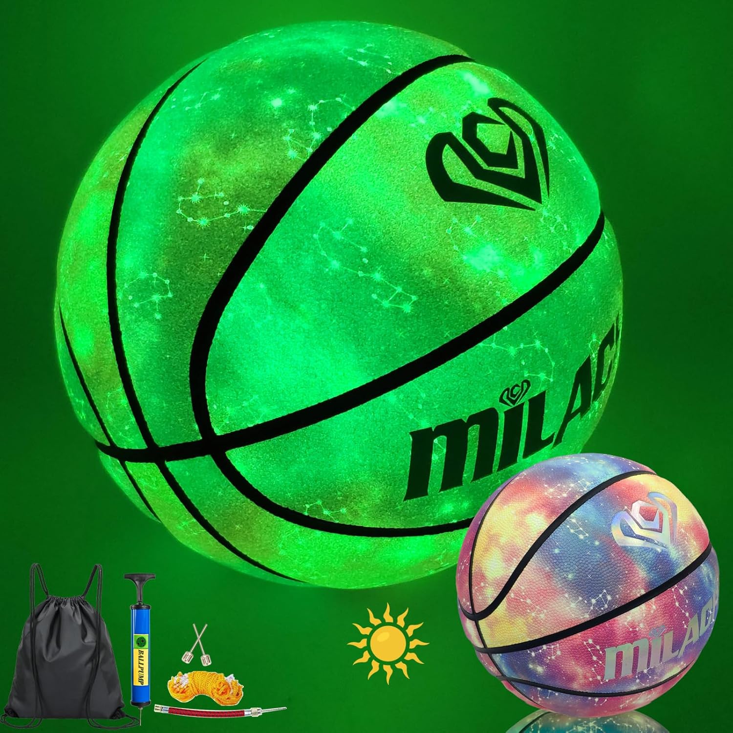 Basketball, Glow in The Dark Basketball, Glowing Leather Luminous Basketball Ball Gift for Youth, Men, Women, Indoor-Outdoor Night Game | Size 7(29.5") / 6(28.5") / 5 (27.5") with Pump