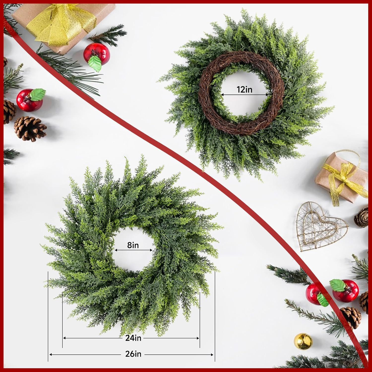 24" Real Touch Christmas Wreath with Lights – Pre-Lit Artificial Cedar Greenery Christmas Door Wreath, Realistic Christmas Wreath Outdoor for Front Door or Holiday Home Décor
