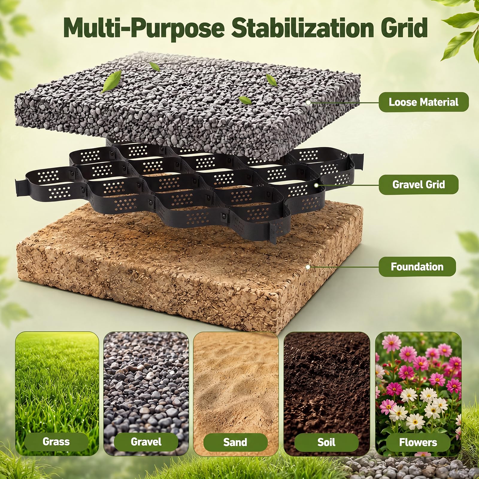 Geogriglia, 5 X 3M Celle Esagonali Per Ghiaia Tappetino Stabilizzatore In Plastica Altezza 5cm Include 40 Ancoraggi Al Suolo E 20 Fissaggi Stabilizzazione Terreno In Hdpe Griglie Prati Griglie Ghiaia