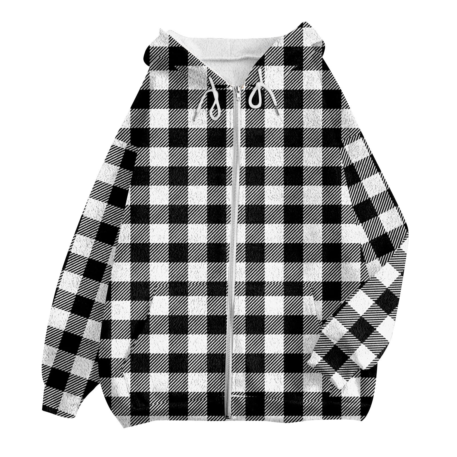 Generisch Sweatjacke Damen Mit Kapuze Winterjacke Elegant Kapuzenjacke Kariert Aufdruck Damen-Jacken Mit Taschen Sportjacke Langarm Mantel Winter Warm Jacke Mit Reissverschluss Wintermantel Outdoor