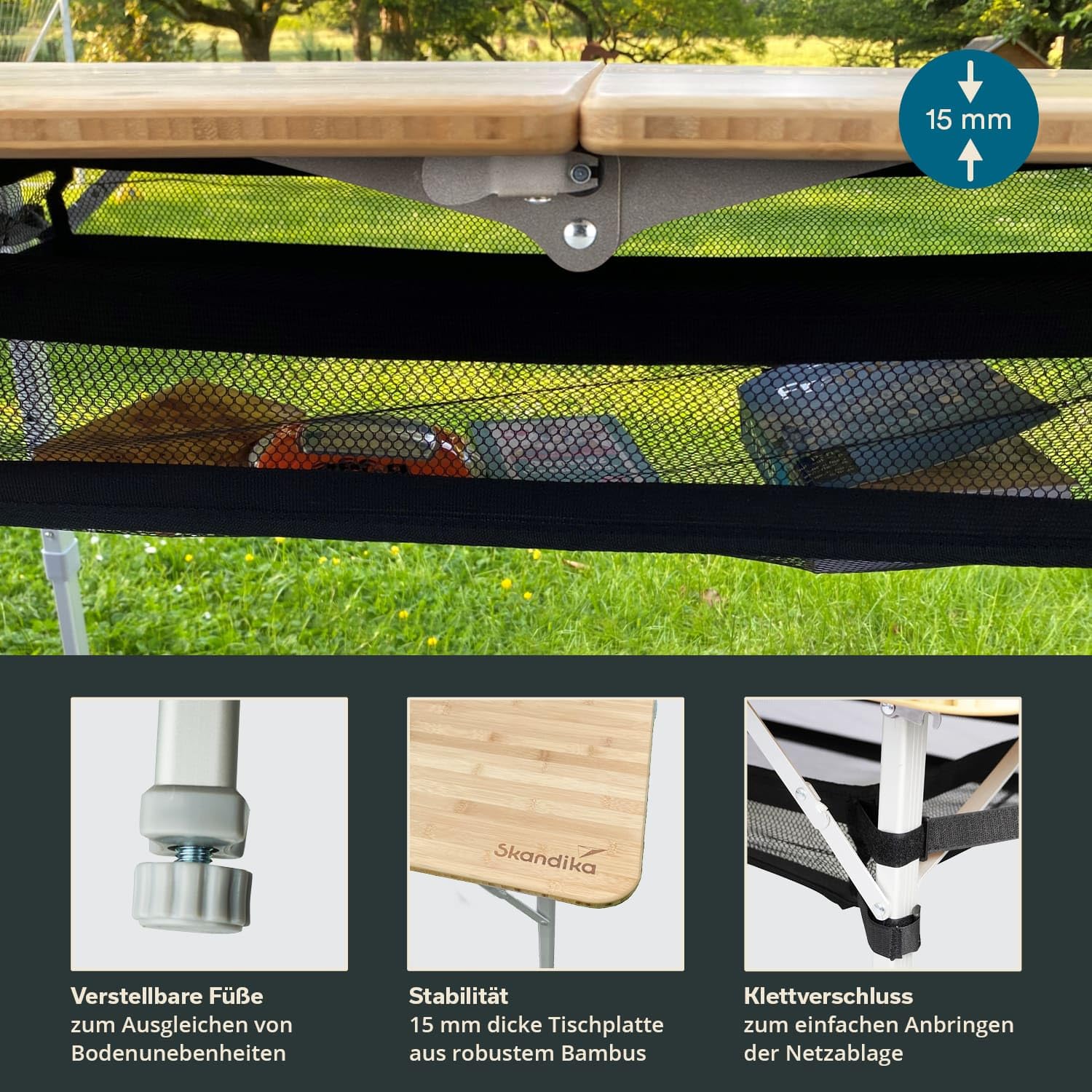 Skandika Bambus Campingtisch Tolja | Faltbarer Tisch mit Netzablage, versch. Größen, 3-Fach höhenverstellbar, Alu, Holz, wetterfest, UV-beständig | Klapptisch für Camping, Garten, Balkon