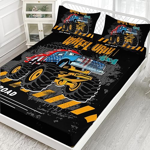 Miniatura 2 de AILONEN Juego de sábanas bajeras de caricaturas de Monster Truck tamaño individual XL, sábanas de vehículos de construcción, juego de sábanas de 3