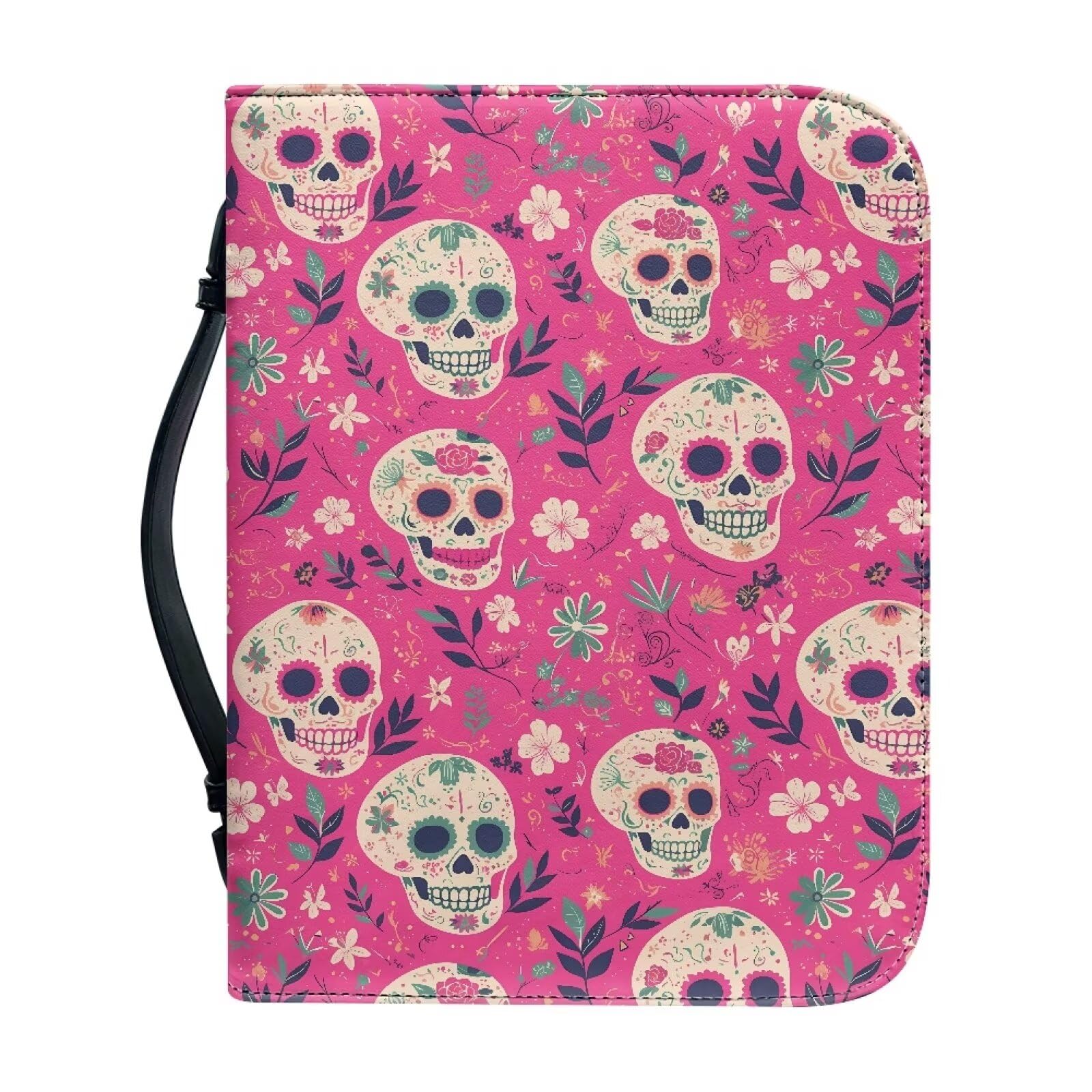 Kuiaobaty Skull Cute Flower Print Bible Cover with Handle, Sugar Skull Ditsy Floral Slashproof Carrying Book Case for Standard Size Bible